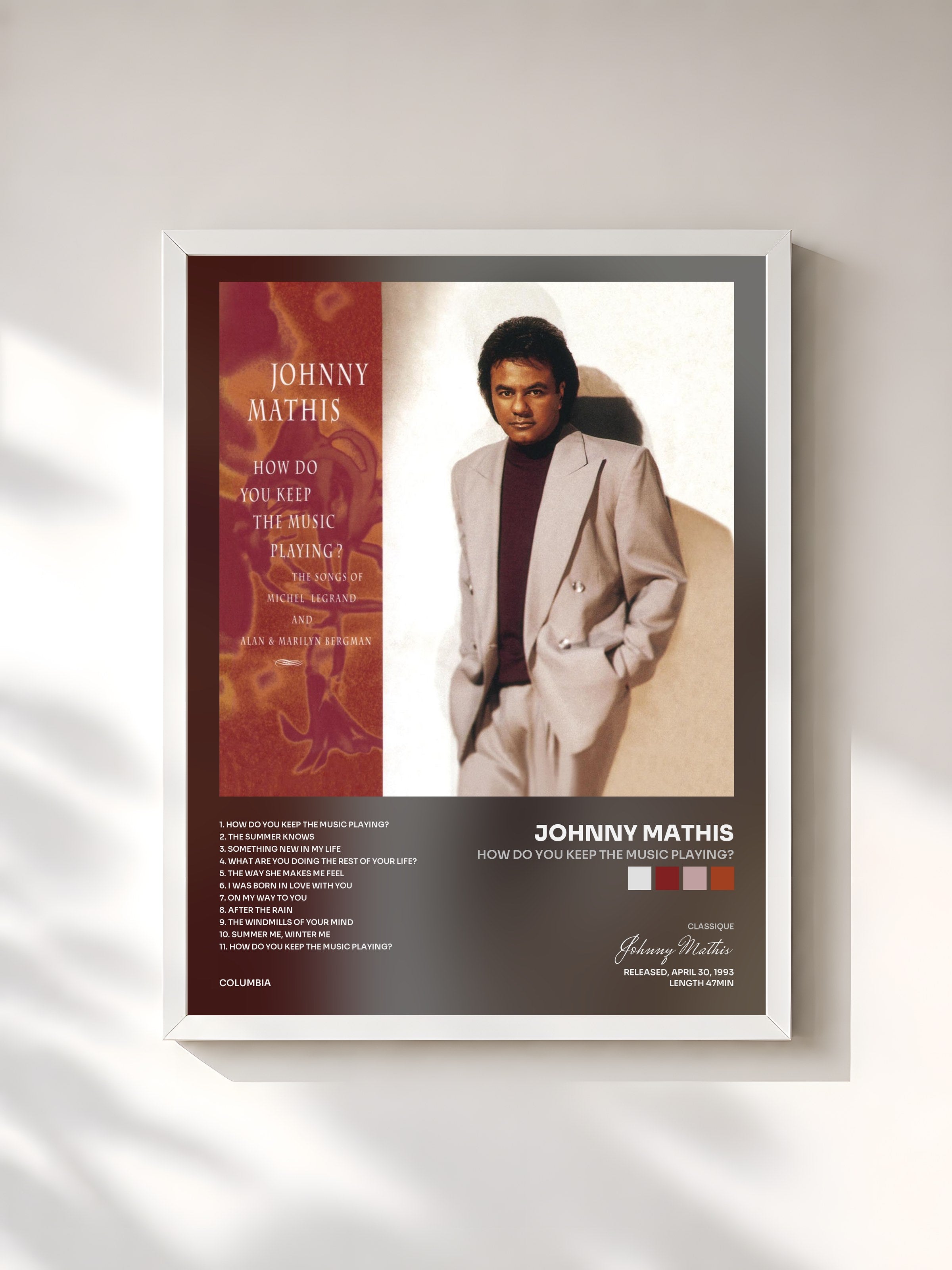 #blanc Tableau de l'album How Do You Keep The Music Playing? de Johnny Mathis, cadre blanc, imprimé et encadré en France