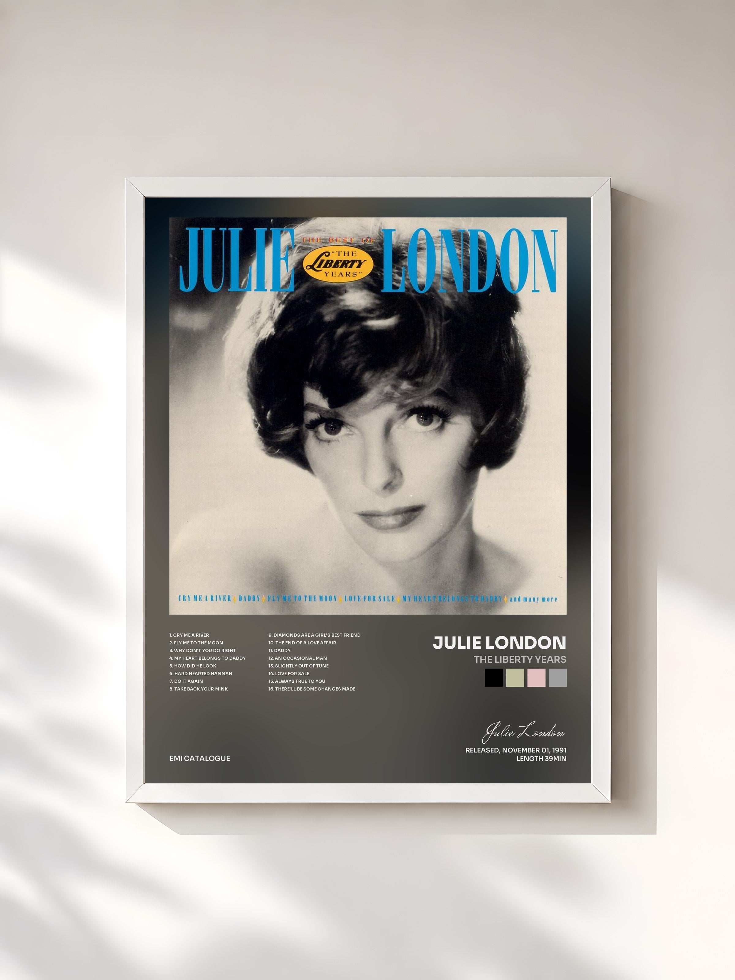 #blanc Tableau de l'album The Liberty Years de Julie London, cadre blanc, imprimé et encadré en France