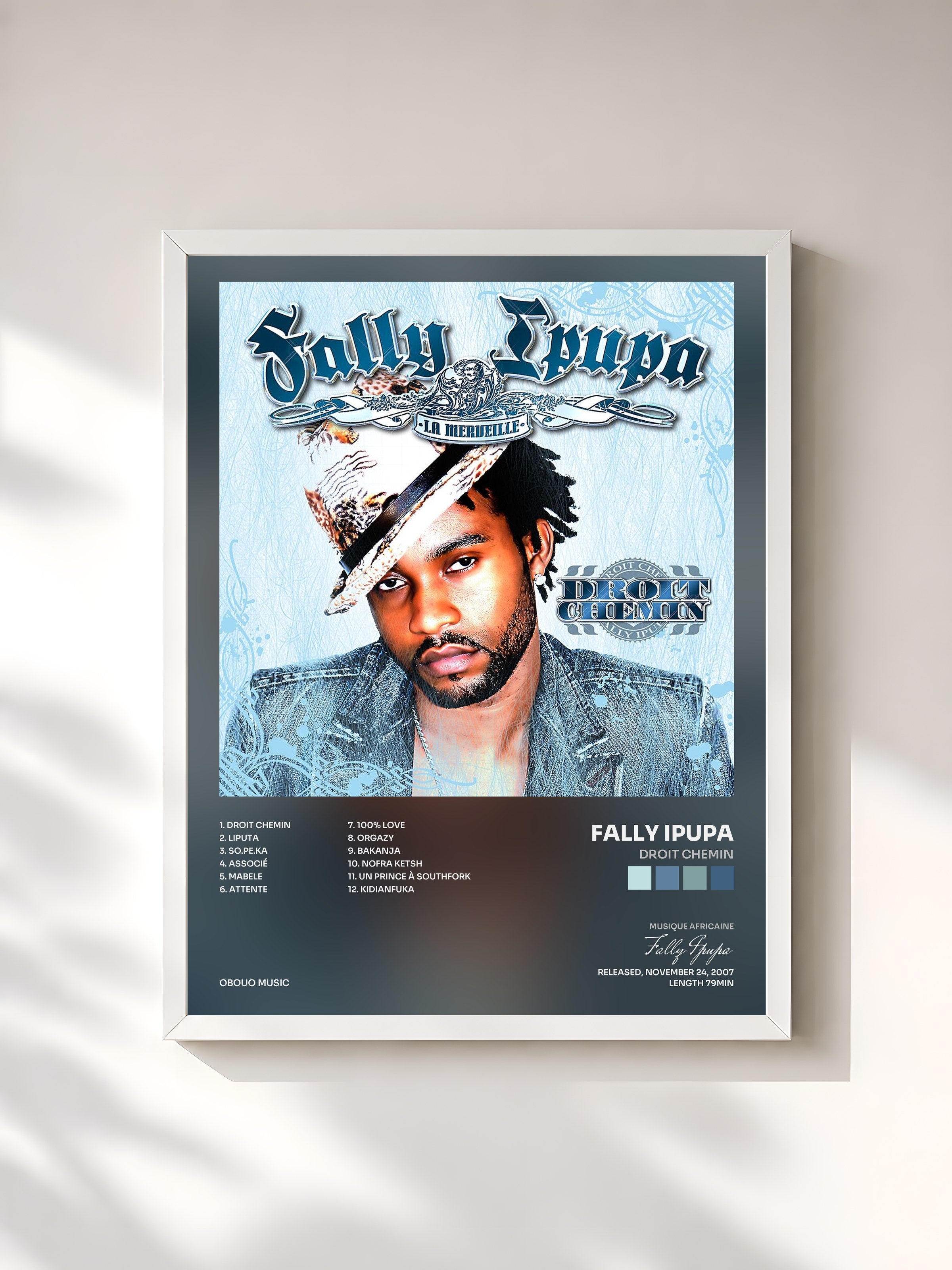 #blanc Tableau de l'album Droit Chemin de Fally Ipupa, cadre blanc, imprimé et encadré en France