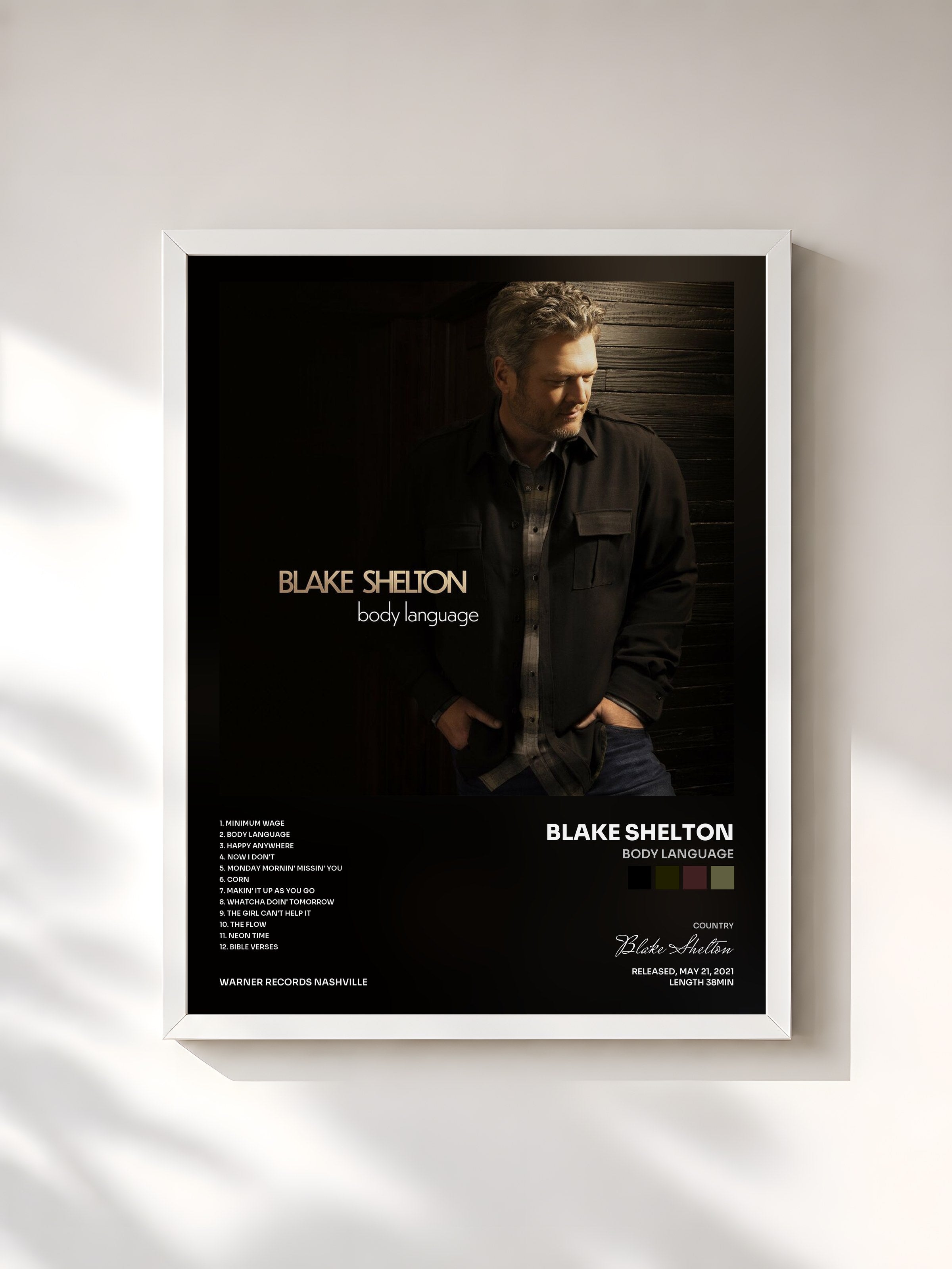 #blanc Tableau de l'album Body Language de Blake Shelton, cadre blanc, imprimé et encadré en France