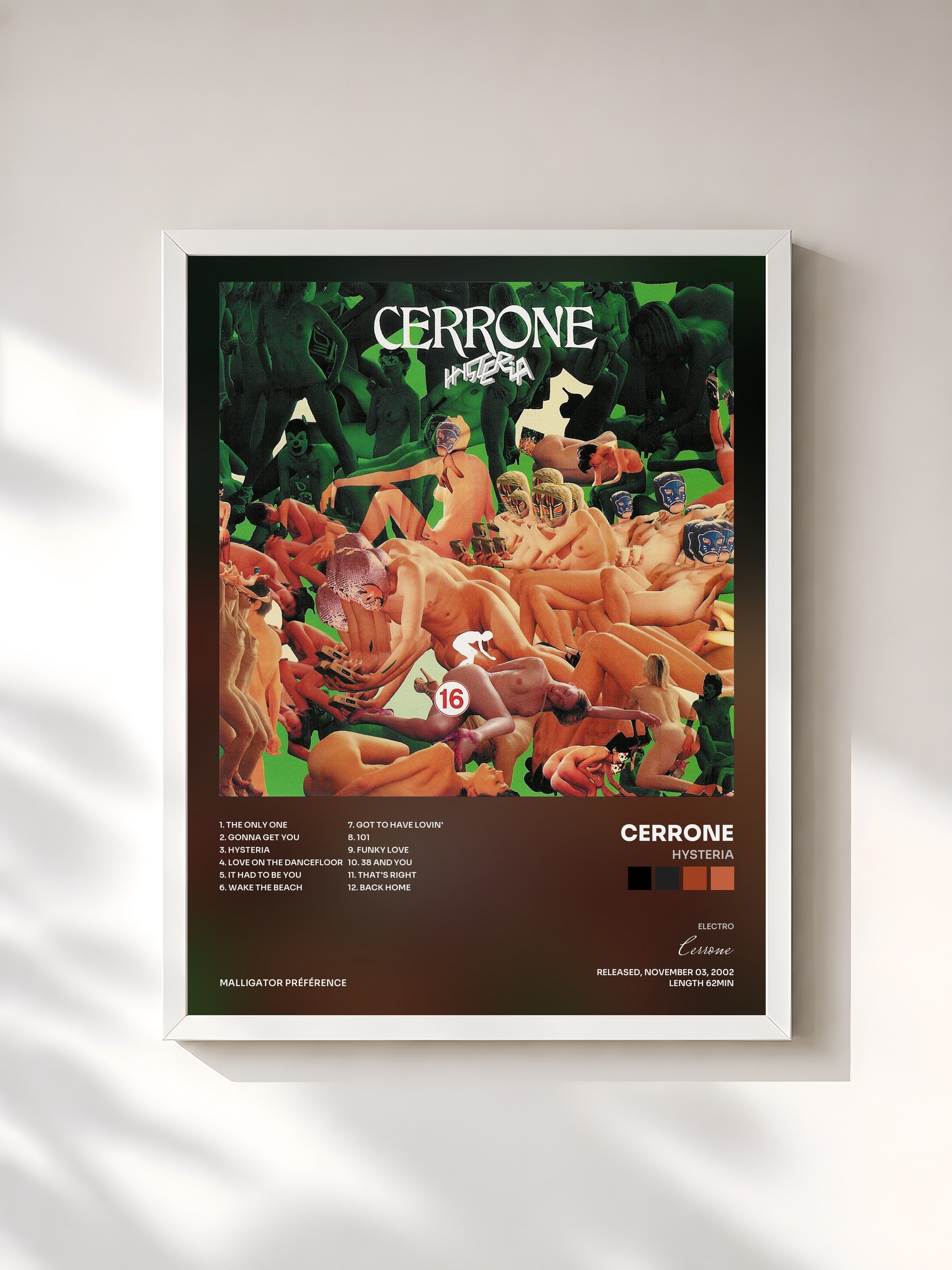 #blanc Tableau de l'album Hysteria de Cerrone, cadre blanc, imprimé et encadré en France