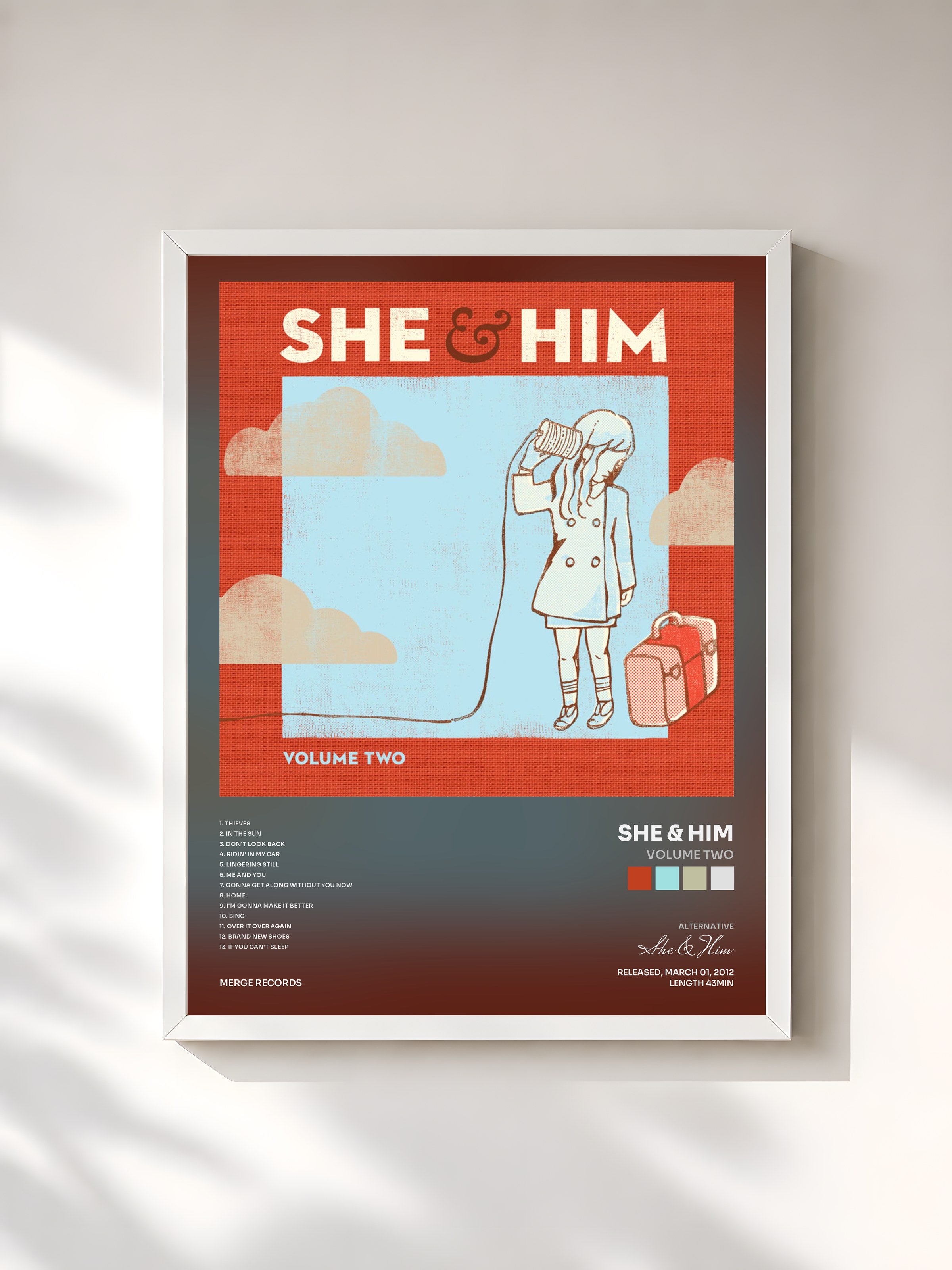 #blanc Tableau de l'album Volume Two de She & Him, cadre blanc, imprimé et encadré en France