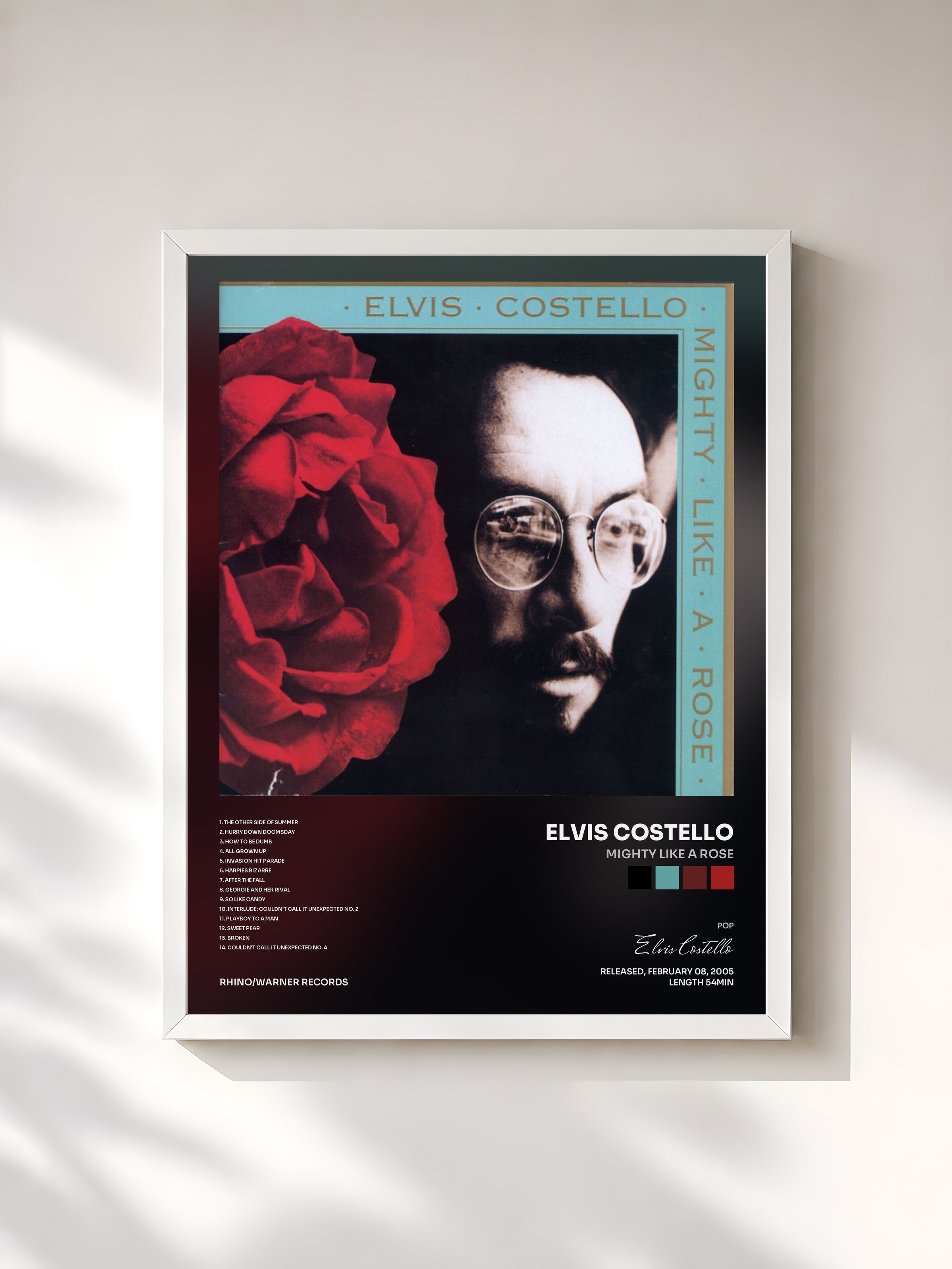 #blanc Tableau de l'album Mighty Like A Rose de Elvis Costello, cadre blanc, imprimé et encadré en France
