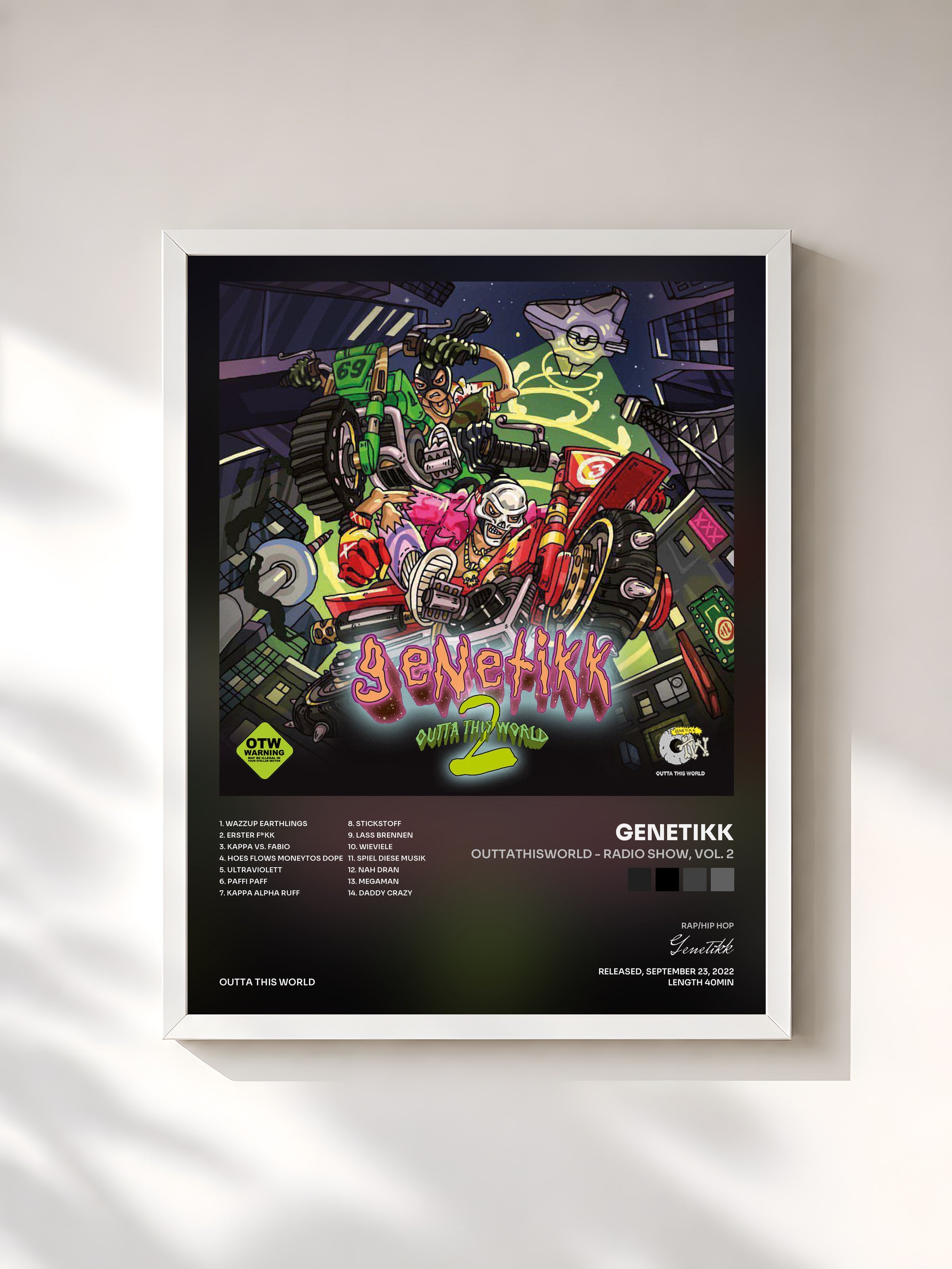 #blanc Tableau de l'album OUTTATHISWORLD - RADIO SHOW, Vol. 2 de Genetikk, cadre blanc, imprimé et encadré en France