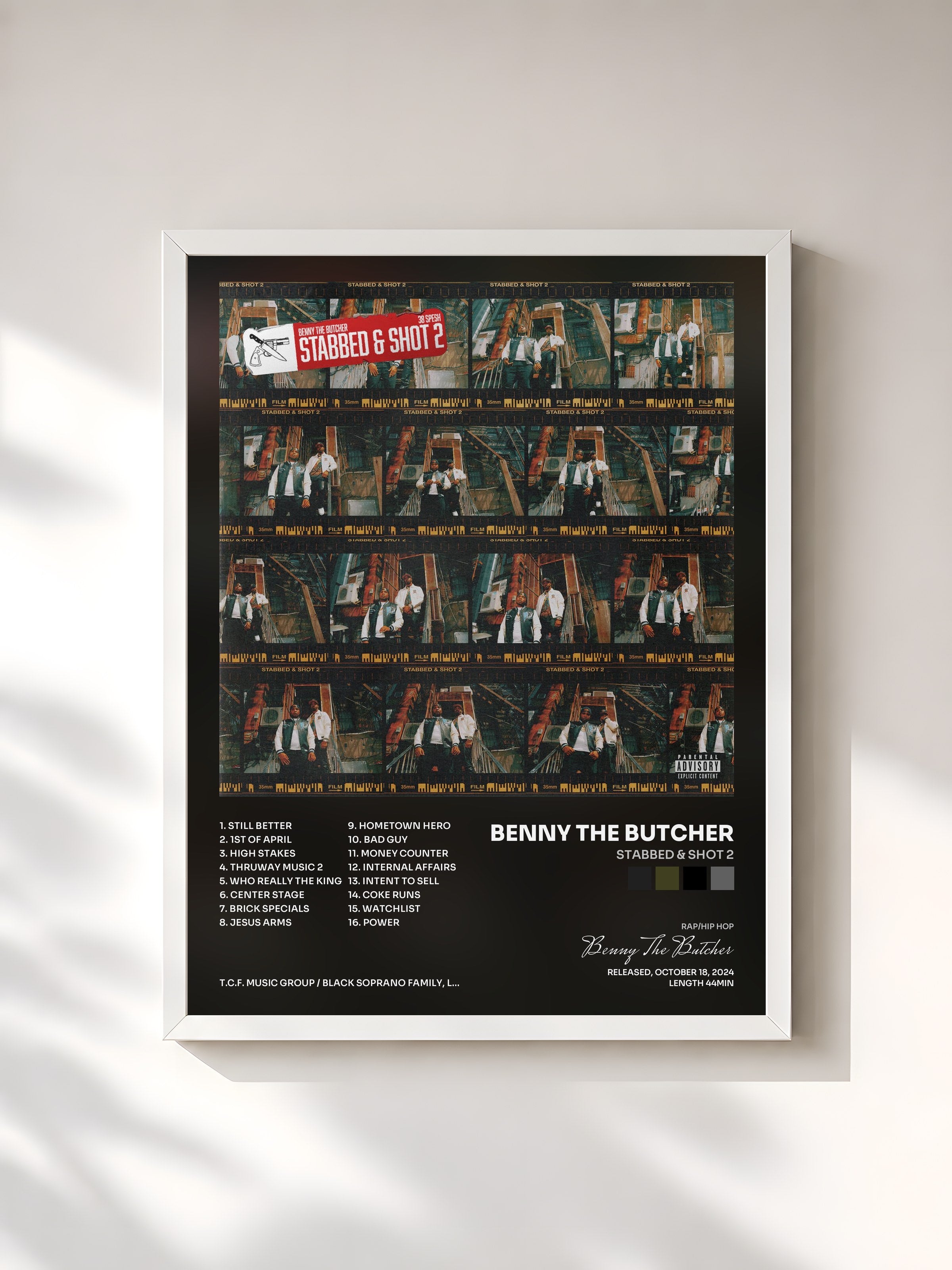 #blanc Tableau de l'album STABBED & SHOT 2 de Benny The Butcher, cadre blanc, imprimé et encadré en France