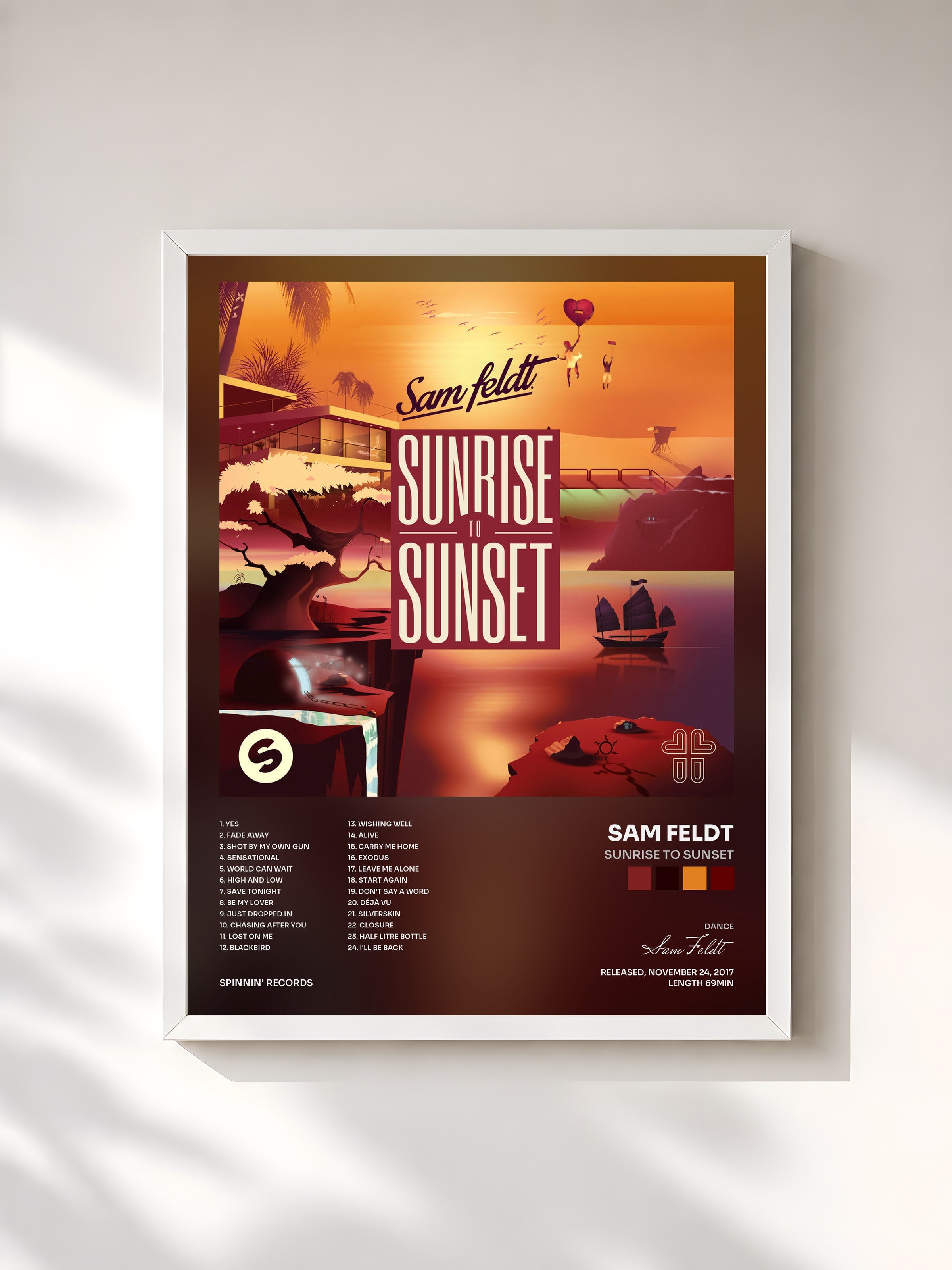 #blanc Tableau de l'album Sunrise To Sunset de Sam Feldt, cadre blanc, imprimé et encadré en France