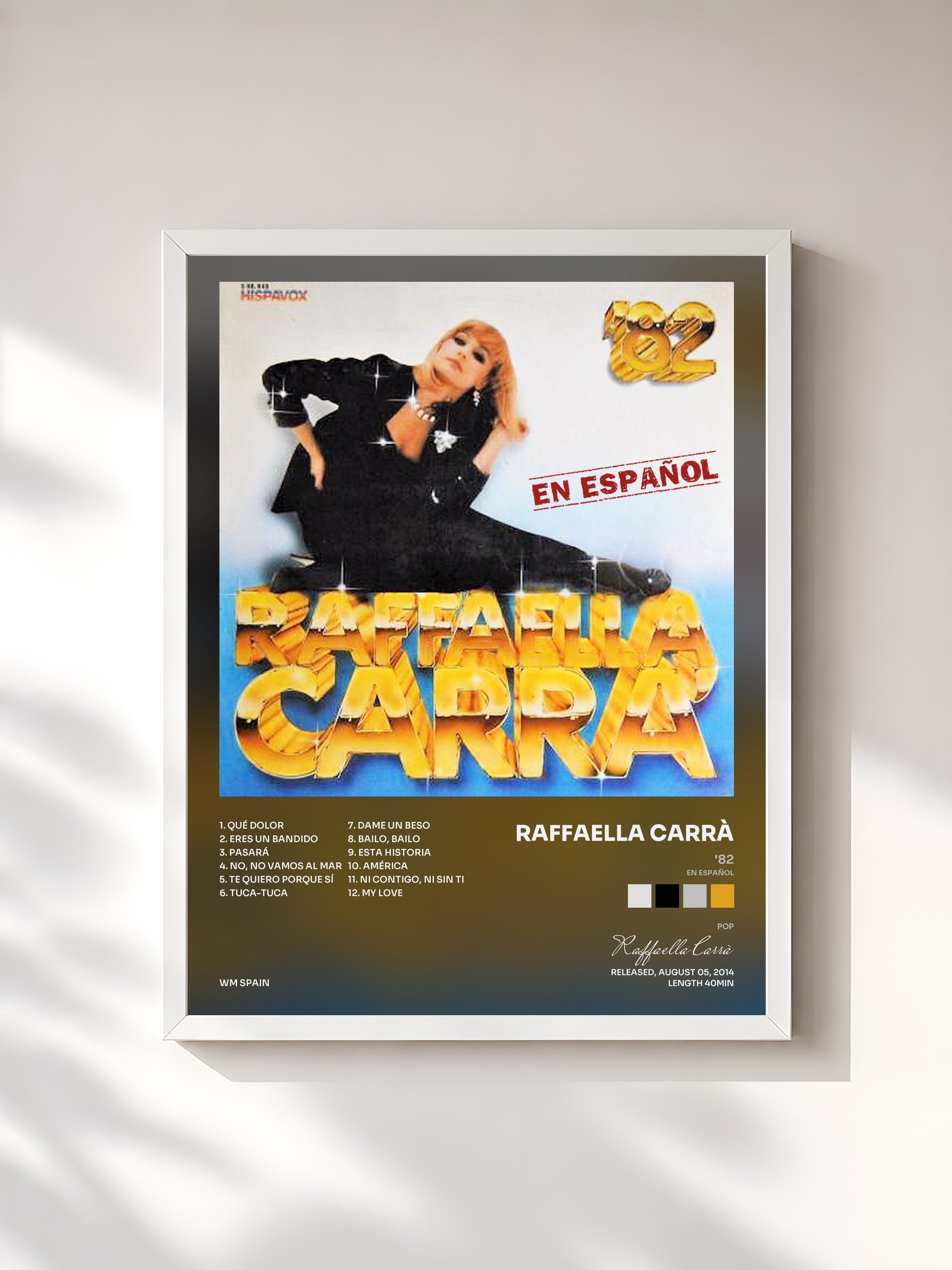#blanc Tableau de l'album '82 (en español) de Raffaella Carrà, cadre blanc, imprimé et encadré en France