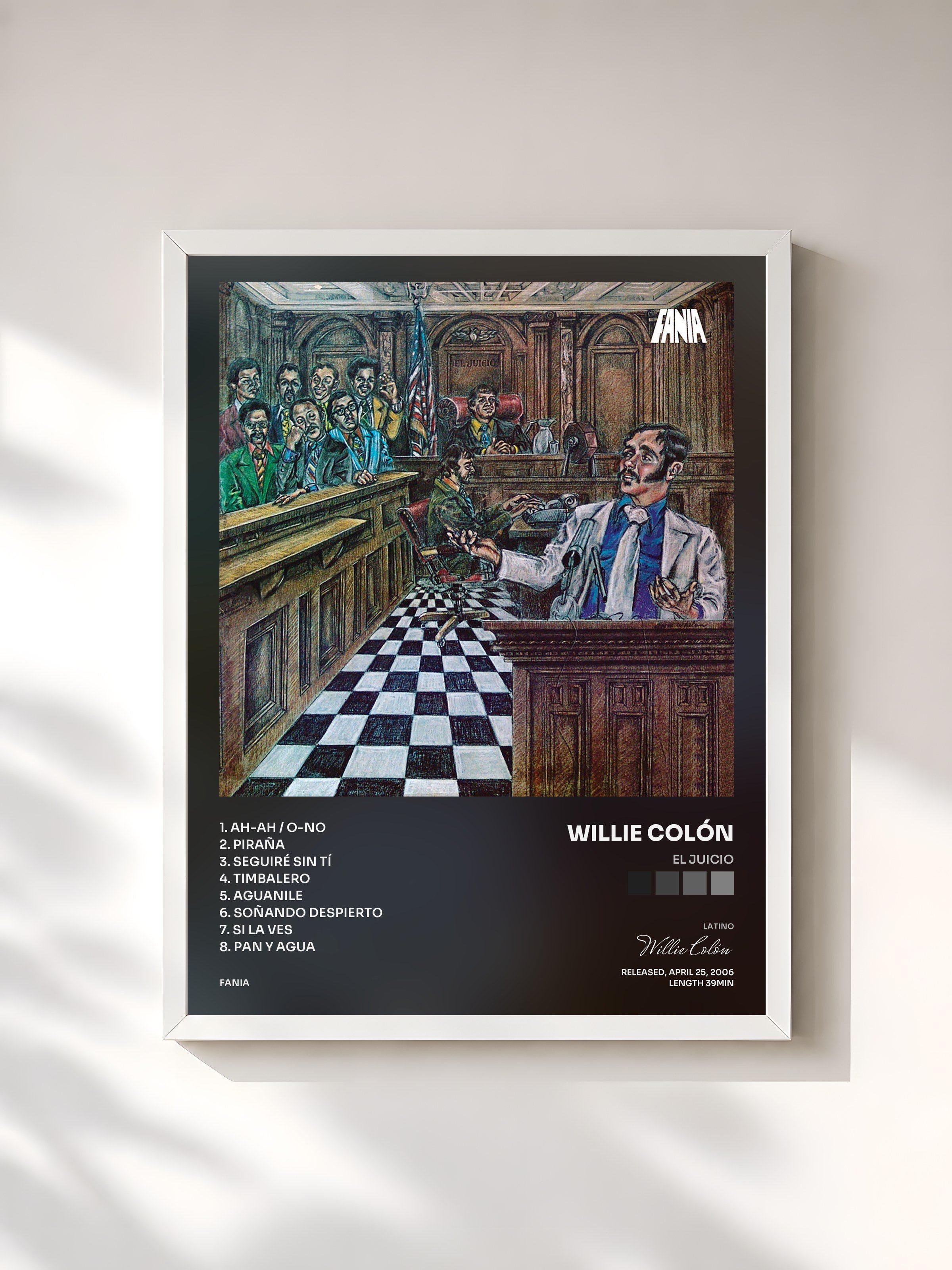 #blanc Tableau de l'album El Juicio de Willie Colón, cadre blanc, imprimé et encadré en France