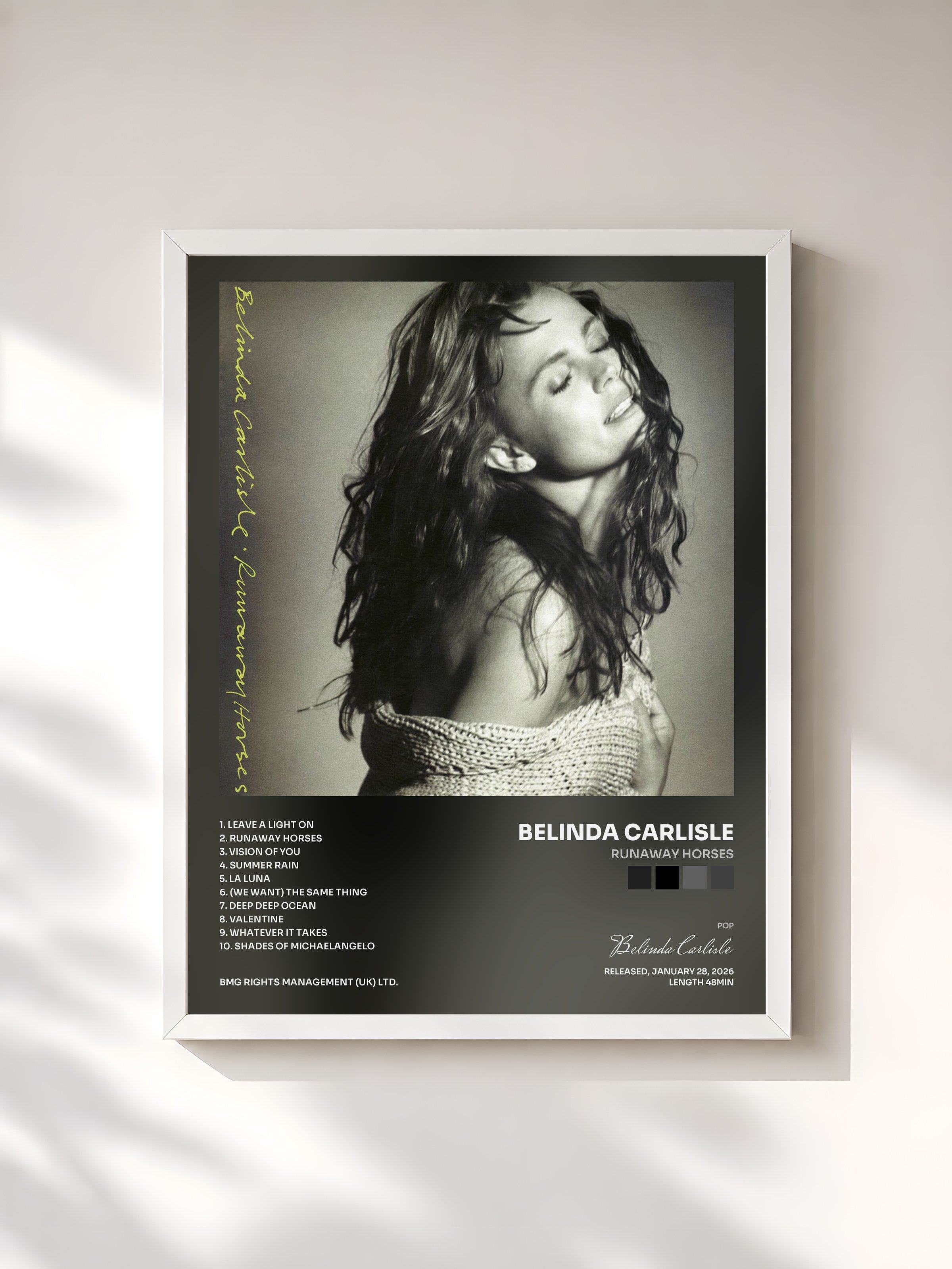#blanc Tableau de l'album Runaway Horses de Belinda Carlisle, cadre blanc, imprimé et encadré en France
