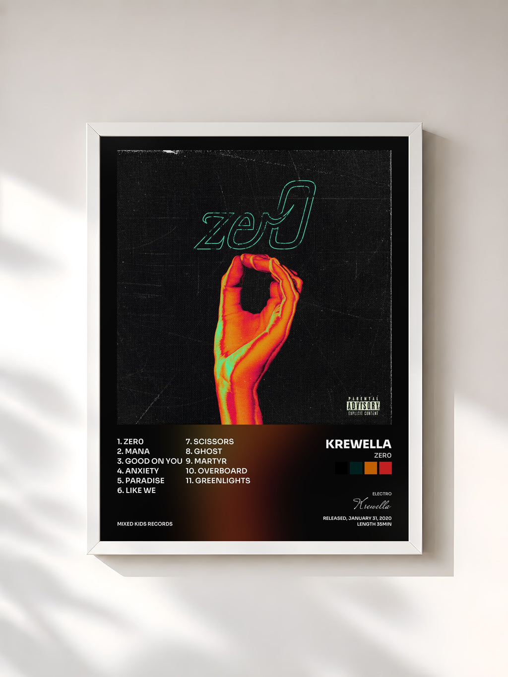 #blanc Tableau de l'album zer0 de Krewella, cadre blanc, imprimé et encadré en France