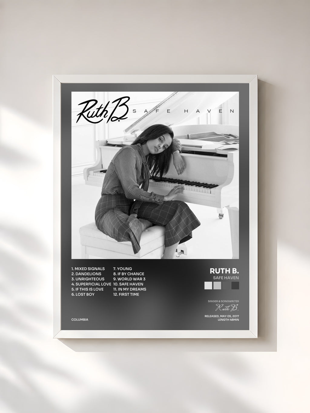 #blanc Tableau de l'album Safe Haven de Ruth B., cadre blanc, imprimé et encadré en France