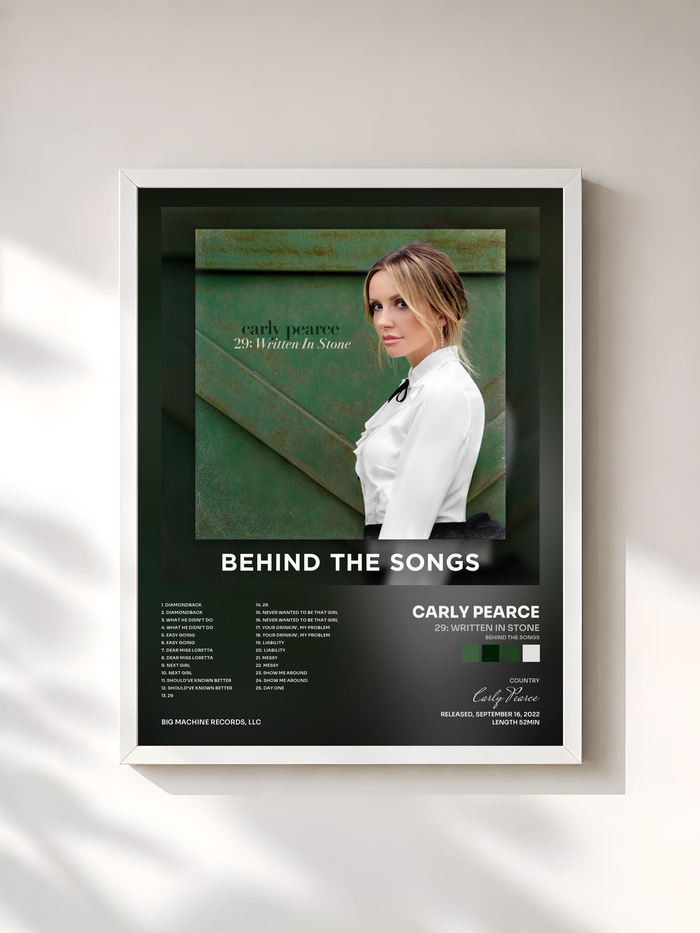 #blanc Tableau de l'album 29: Written In Stone (Behind The Songs) de Carly Pearce, cadre blanc, imprimé et encadré en France