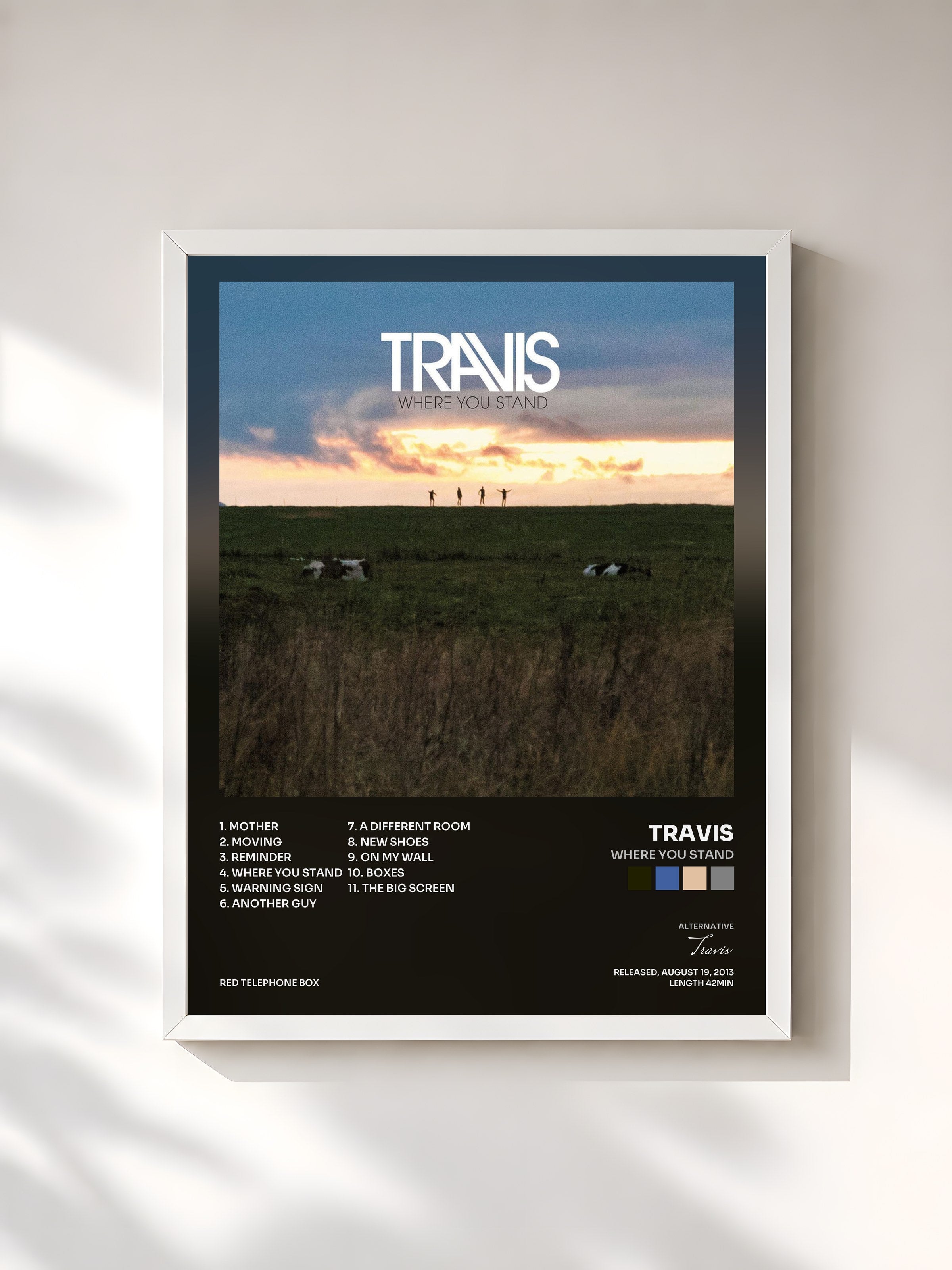 #blanc Tableau de l'album Where You Stand de Travis, cadre blanc, imprimé et encadré en France