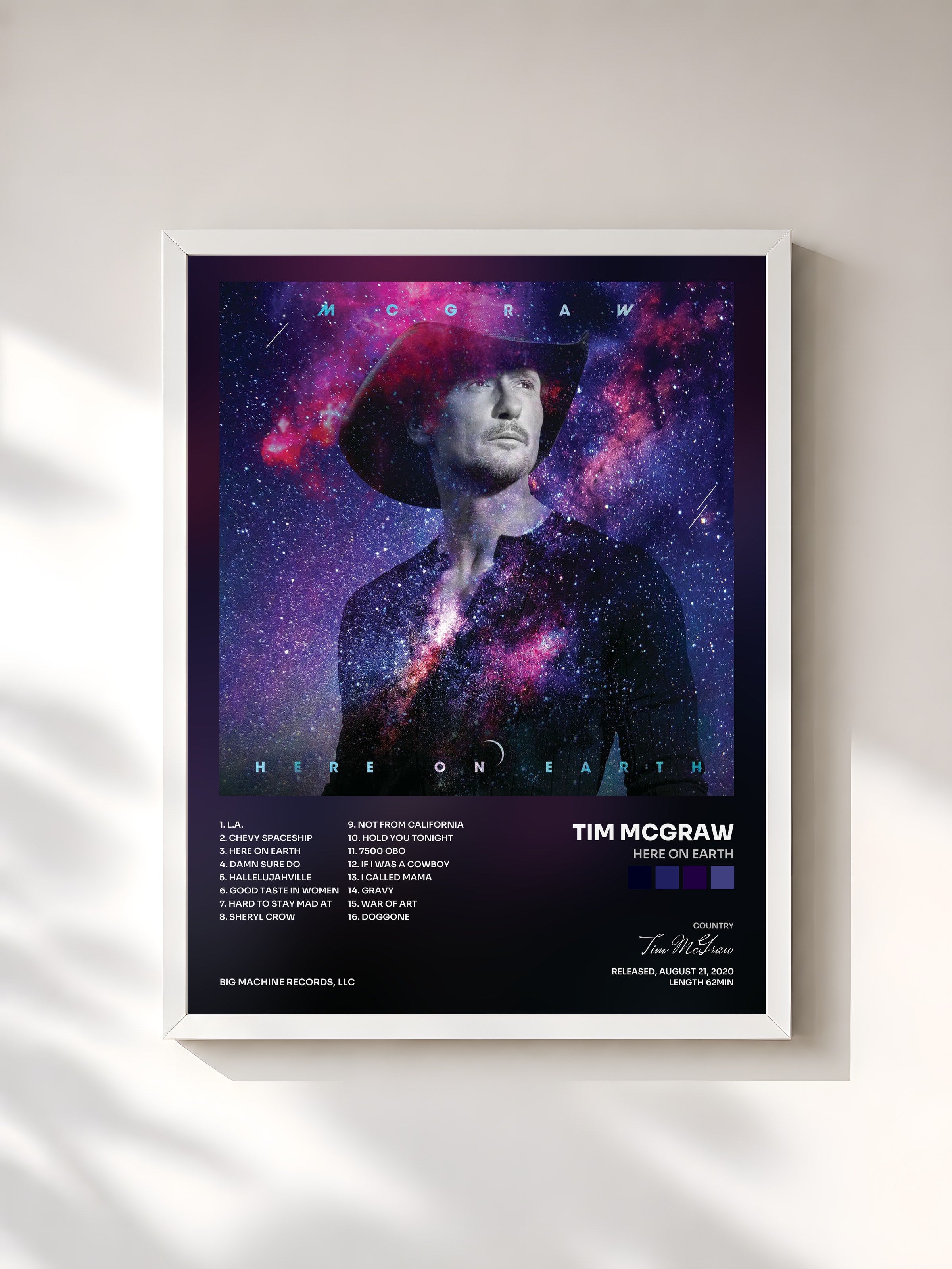 #blanc Tableau de l'album Here On Earth de Tim McGraw, cadre blanc, imprimé et encadré en France