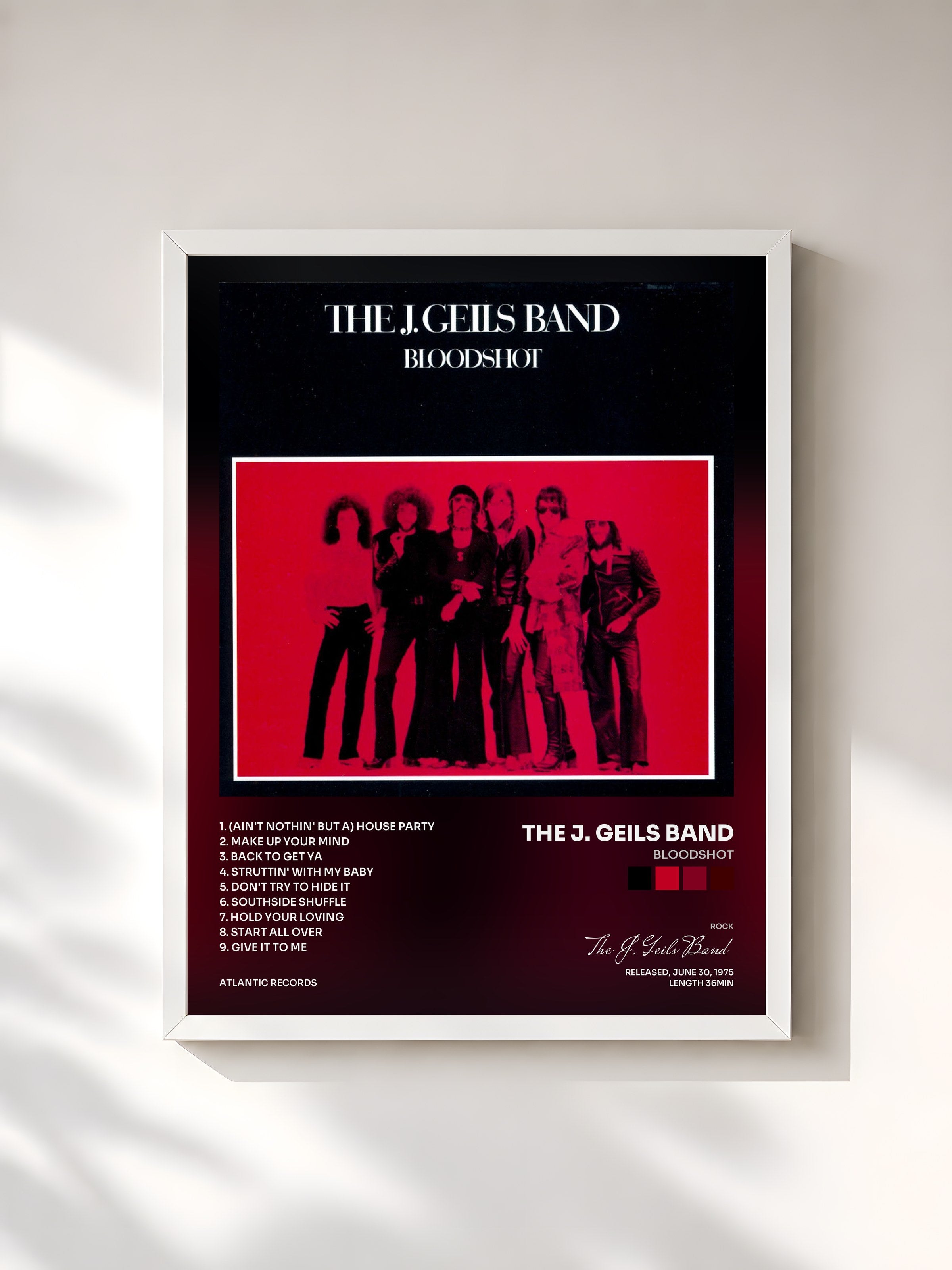 #blanc Tableau de l'album Bloodshot de The J. Geils Band, cadre blanc, imprimé et encadré en France