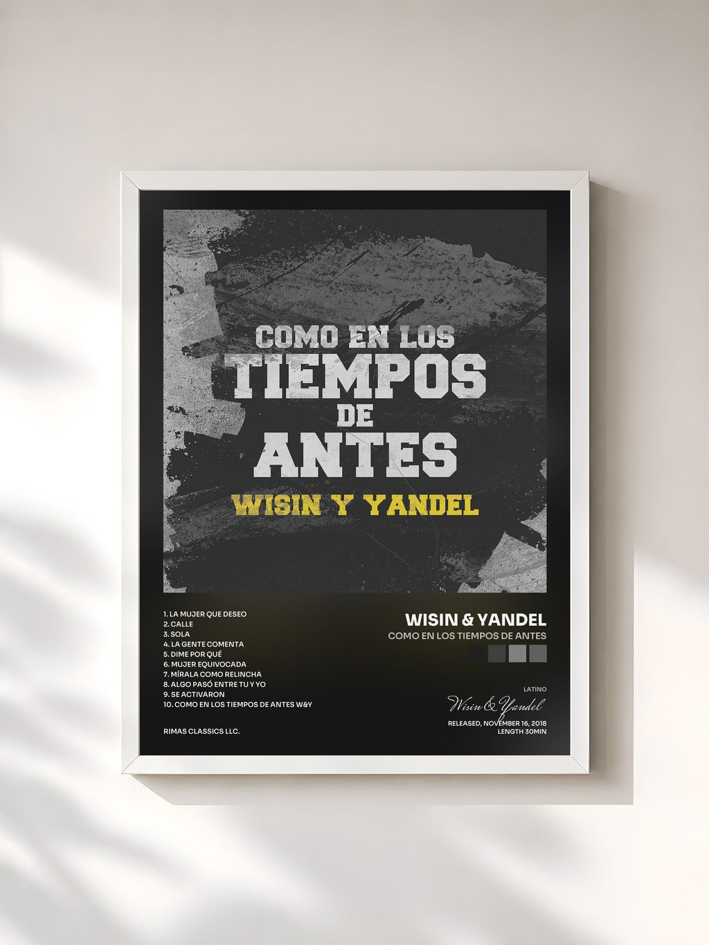 #blanc Como en los Tiempos by Antes de Wisin & Yandel as a framed art print, white frame, printed and framed in France