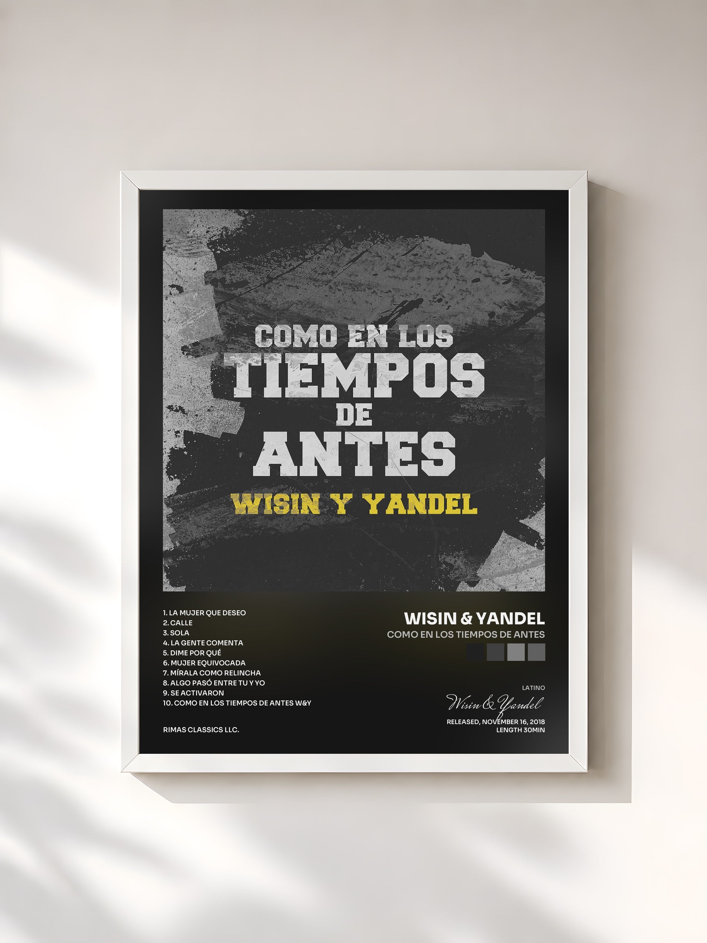 #blanc Tableau de l'album Como en los Tiempos de Antes de Wisin & Yandel, cadre blanc, imprimé et encadré en France