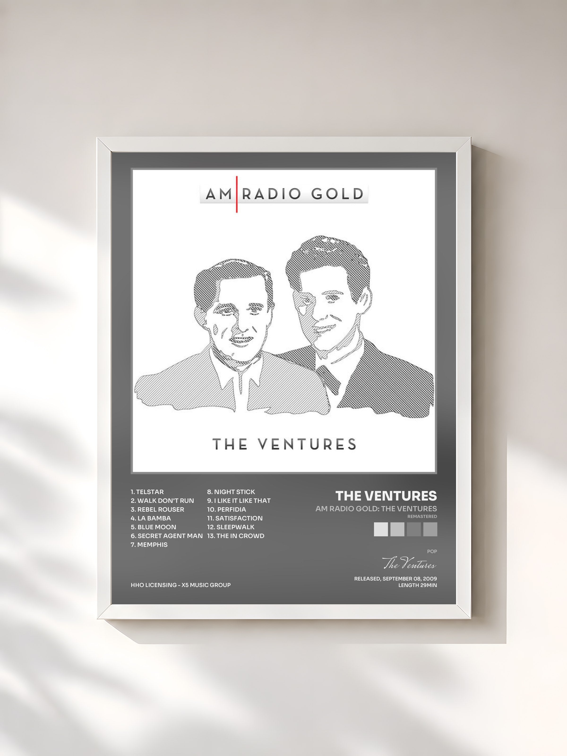 #blanc Tableau de l'album Am Radio Gold: The Ventures (Remastered) de The Ventures, cadre blanc, imprimé et encadré en France