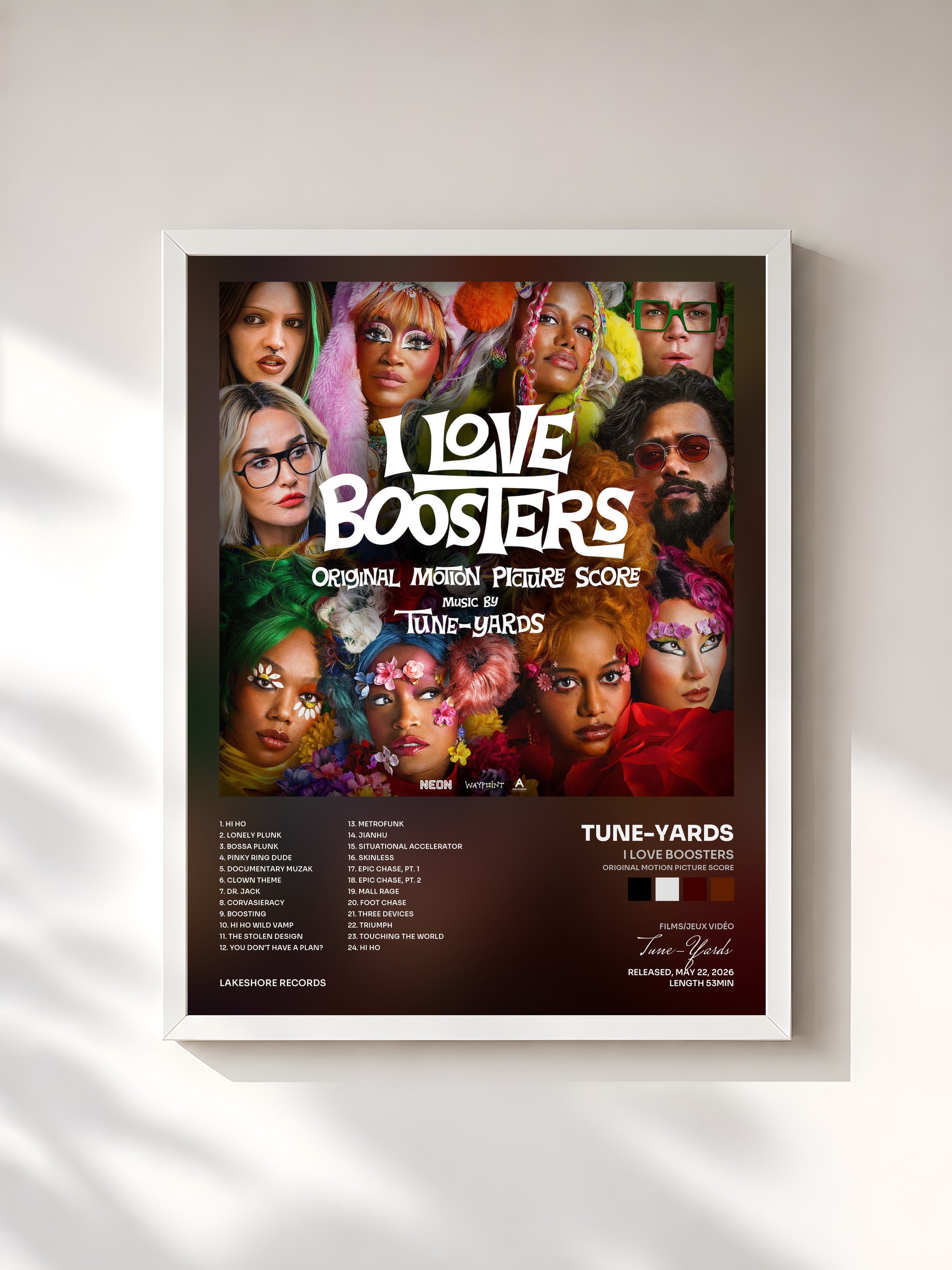 #blanc Tableau de l'album I Love Boosters (Original Motion Picture Score) de Tune-Yards, cadre blanc, imprimé et encadré en France