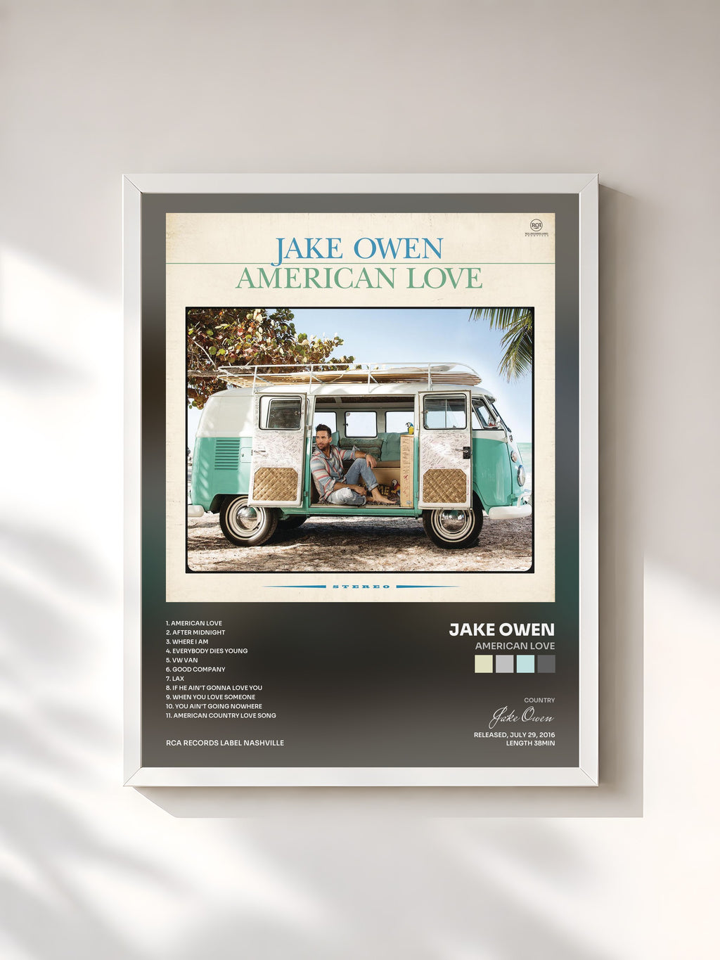 #blanc Tableau de l'album American Love de Jake Owen, cadre blanc, imprimé et encadré en France