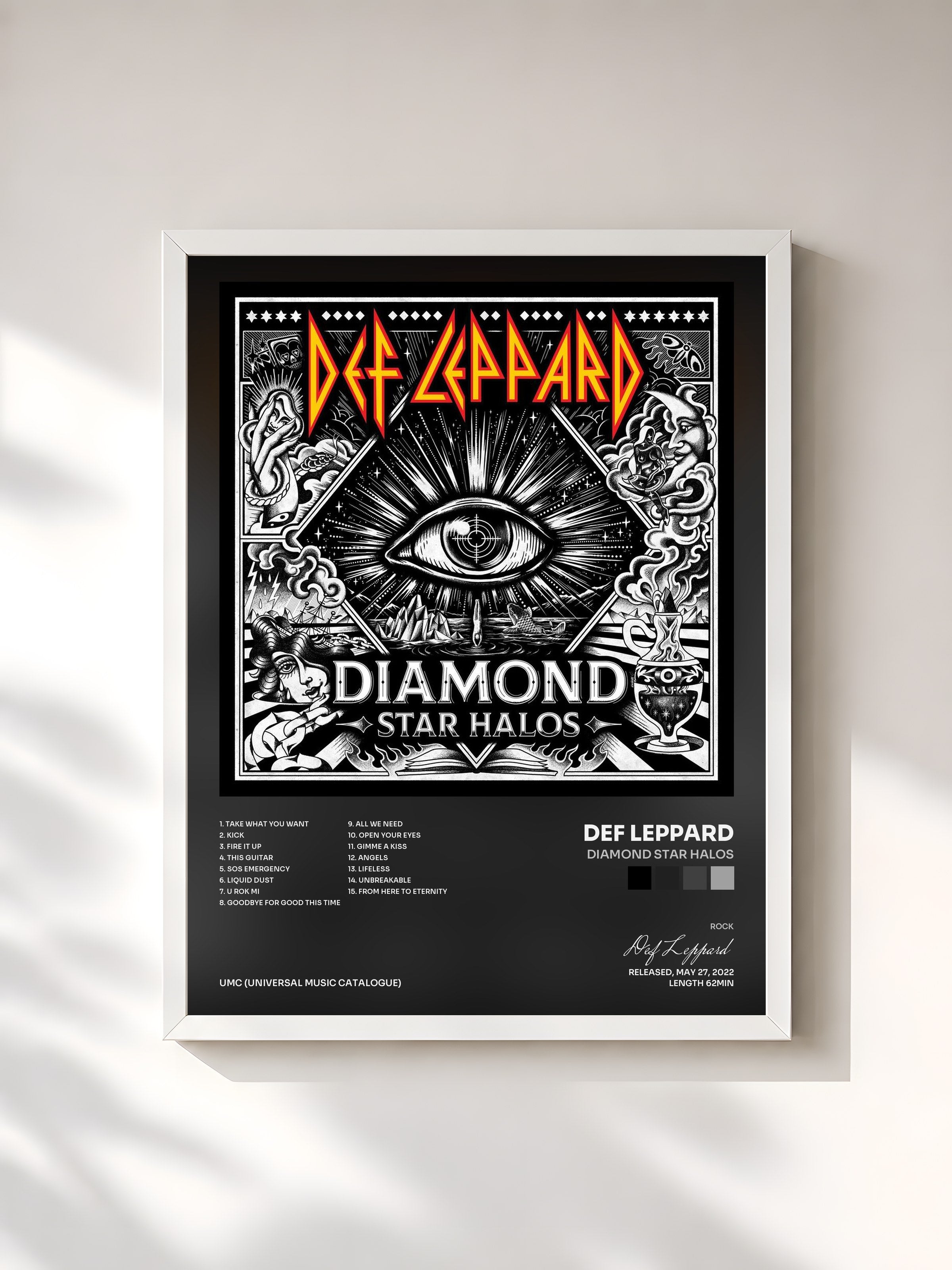 #blanc Tableau de l'album Diamond Star Halos de Def Leppard, cadre blanc, imprimé et encadré en France