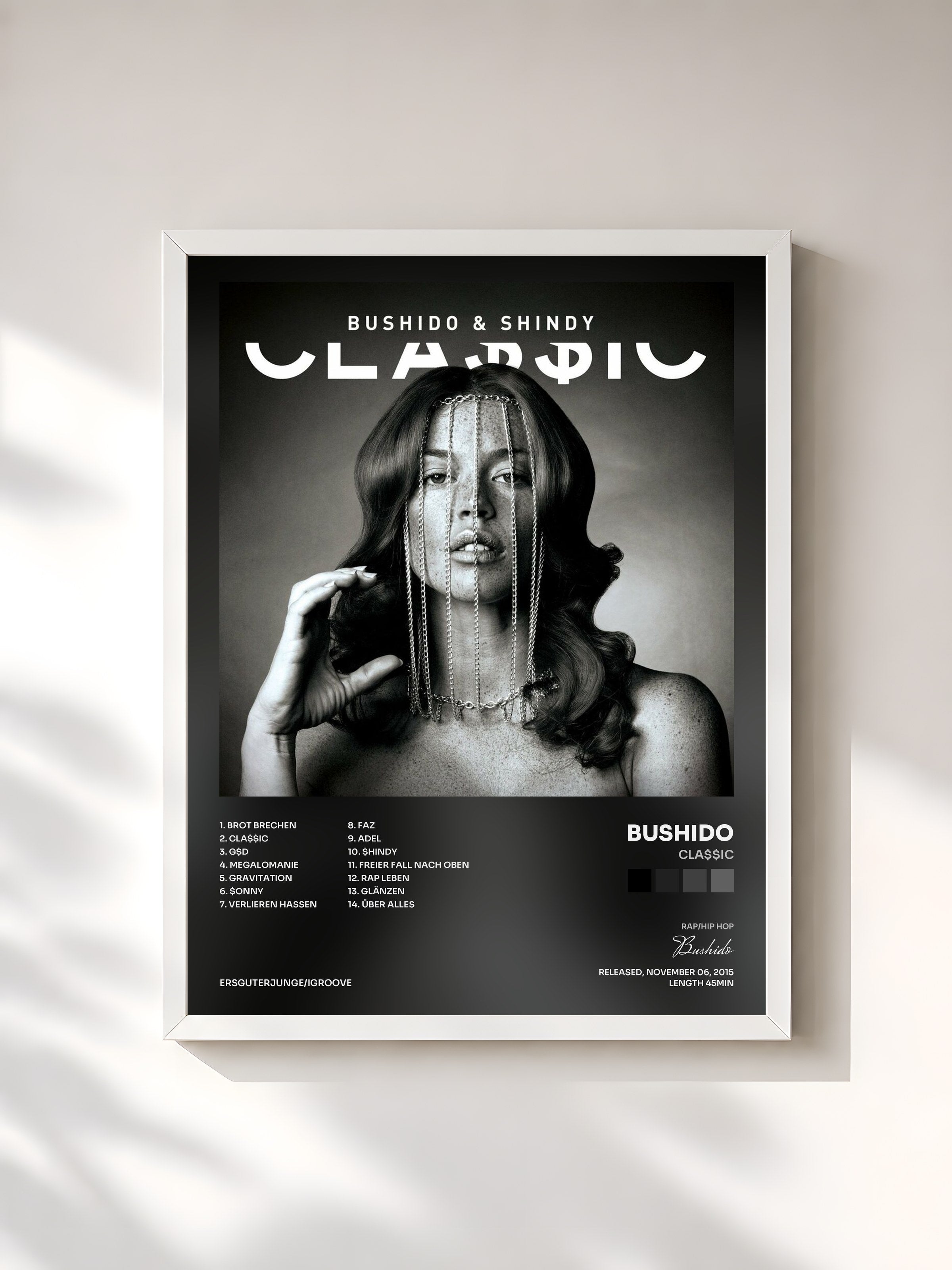 #blanc Tableau de l'album CLA$$IC de Bushido, cadre blanc, imprimé et encadré en France
