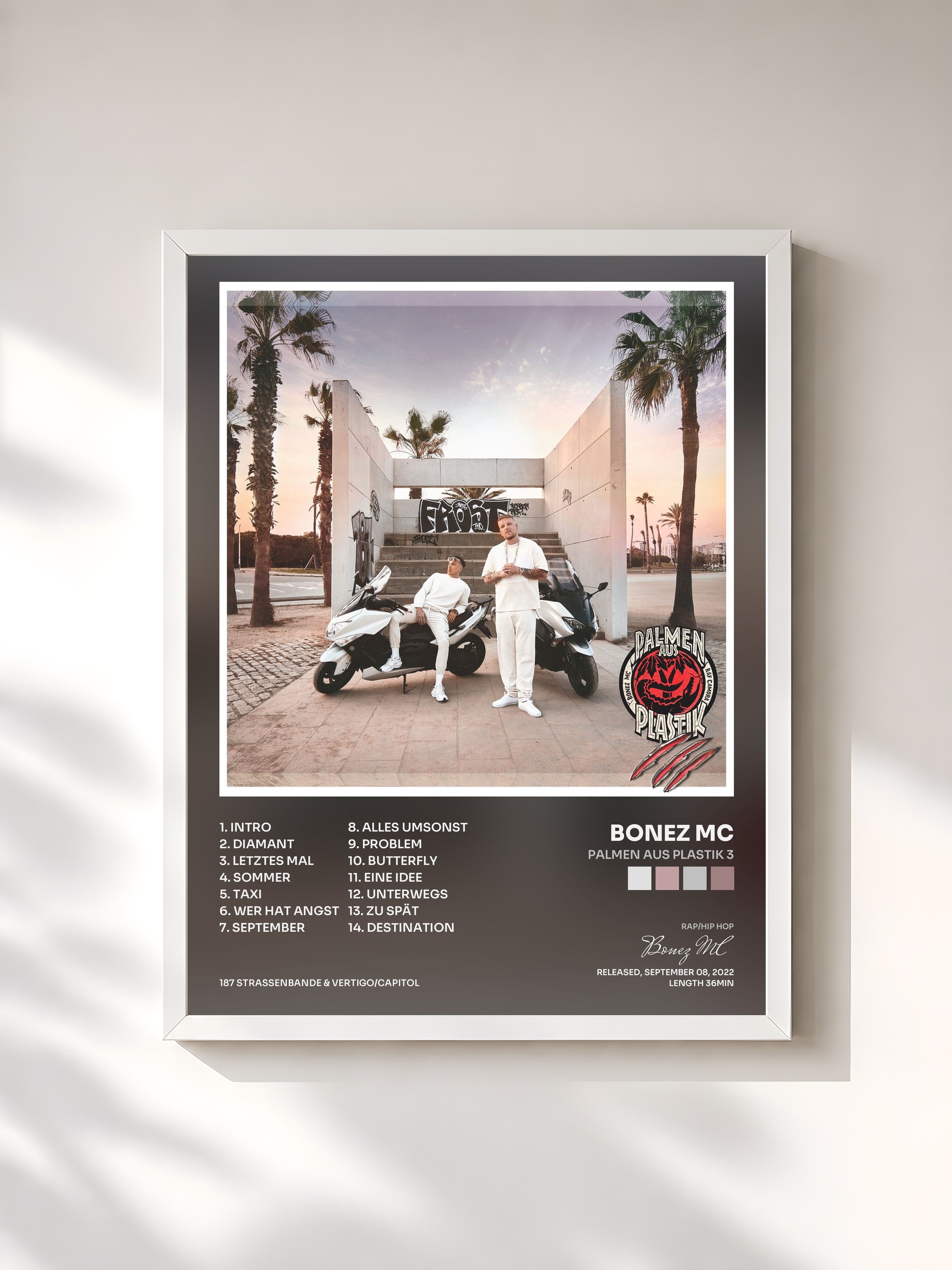 #blanc Tableau de l'album Palmen aus Plastik 3 de Bonez MC, cadre blanc, imprimé et encadré en France