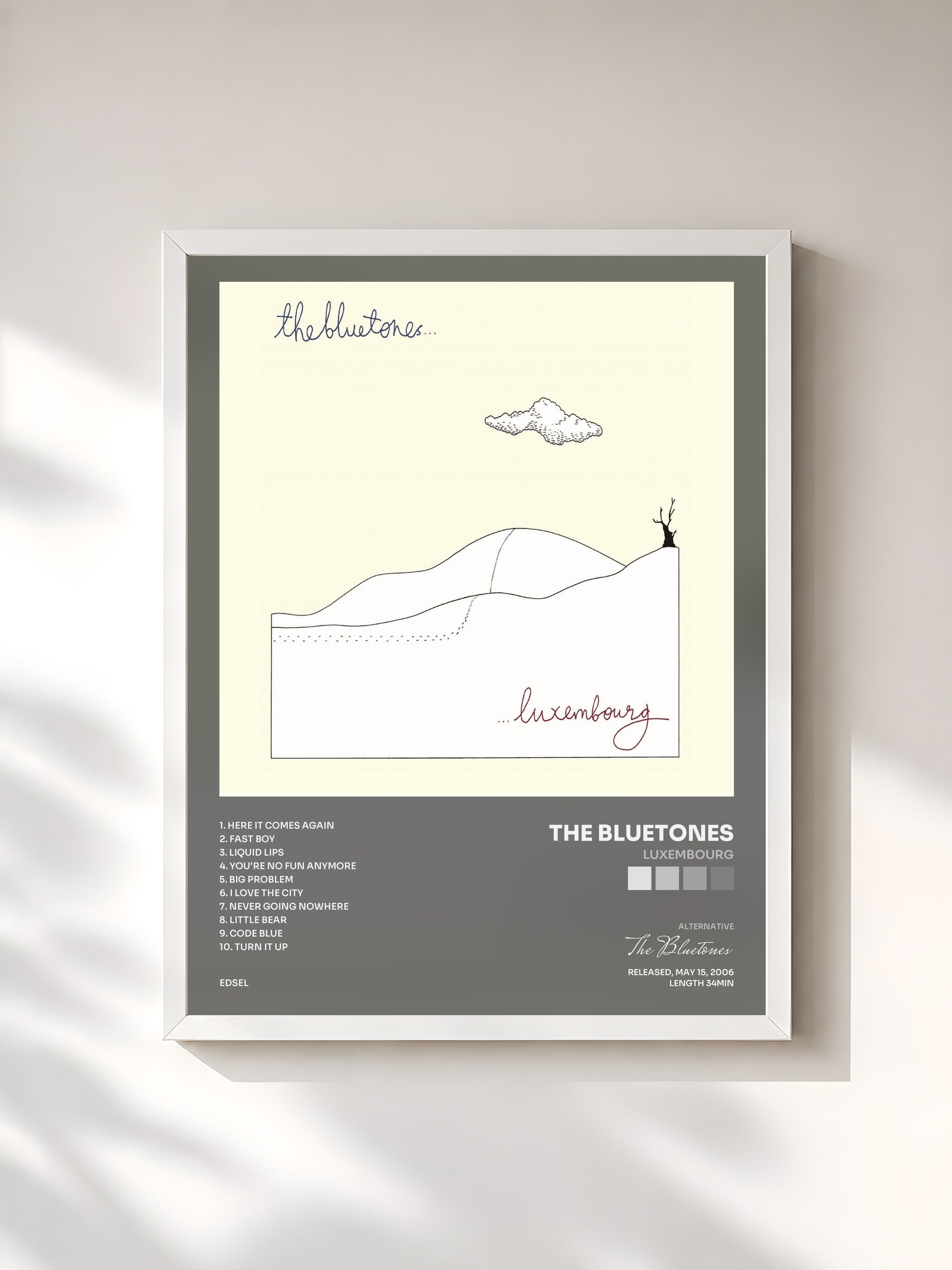 #blanc Tableau de l'album Luxembourg de The Bluetones, cadre blanc, imprimé et encadré en France