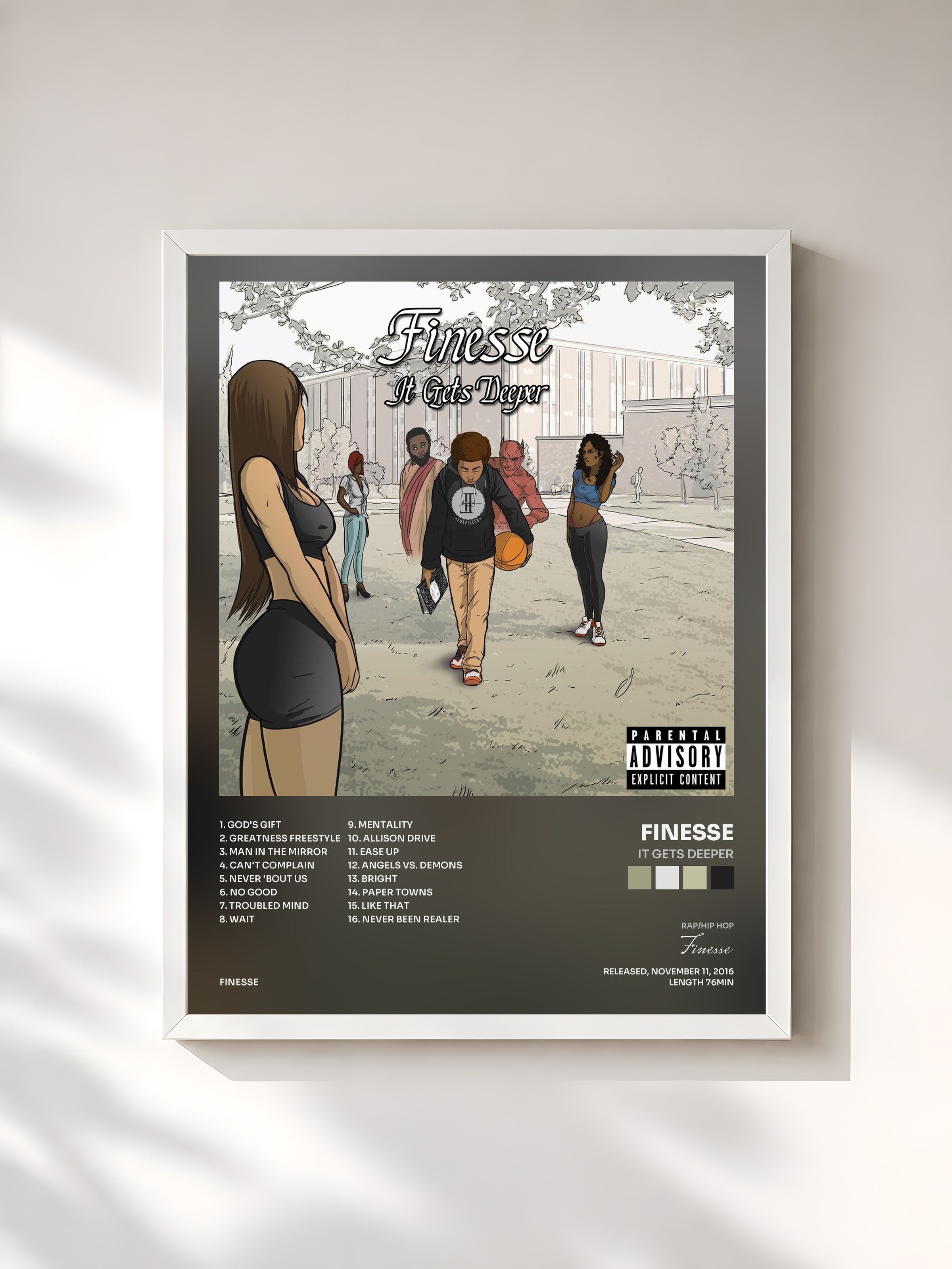 #blanc Tableau de l'album It Gets Deeper de Finesse, cadre blanc, imprimé et encadré en France