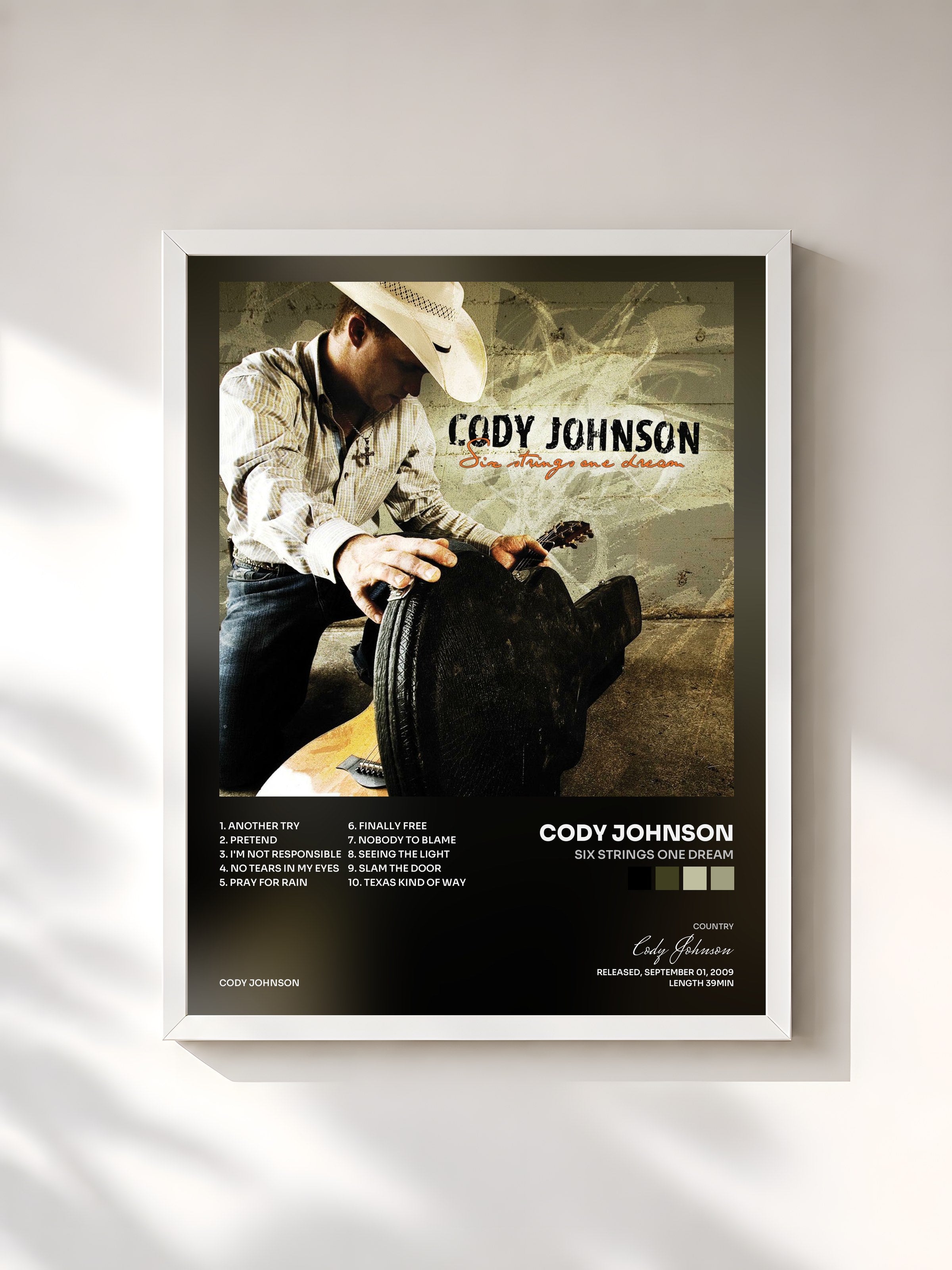 #blanc Tableau de l'album Six Strings One Dream de Cody Johnson, cadre blanc, imprimé et encadré en France