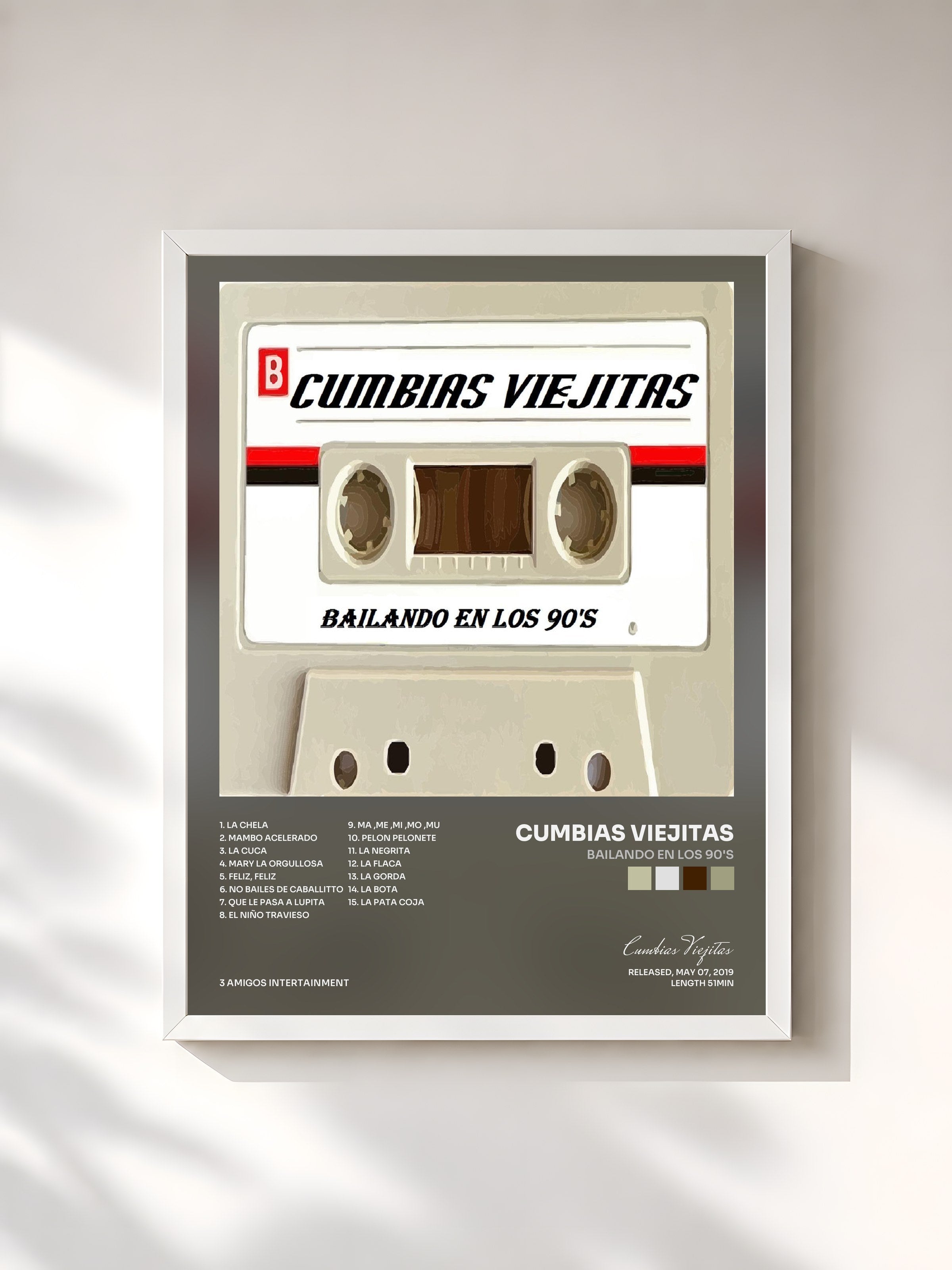 #blanc Tableau de l'album Bailando En Los 90's de Cumbias Viejitas, cadre blanc, imprimé et encadré en France