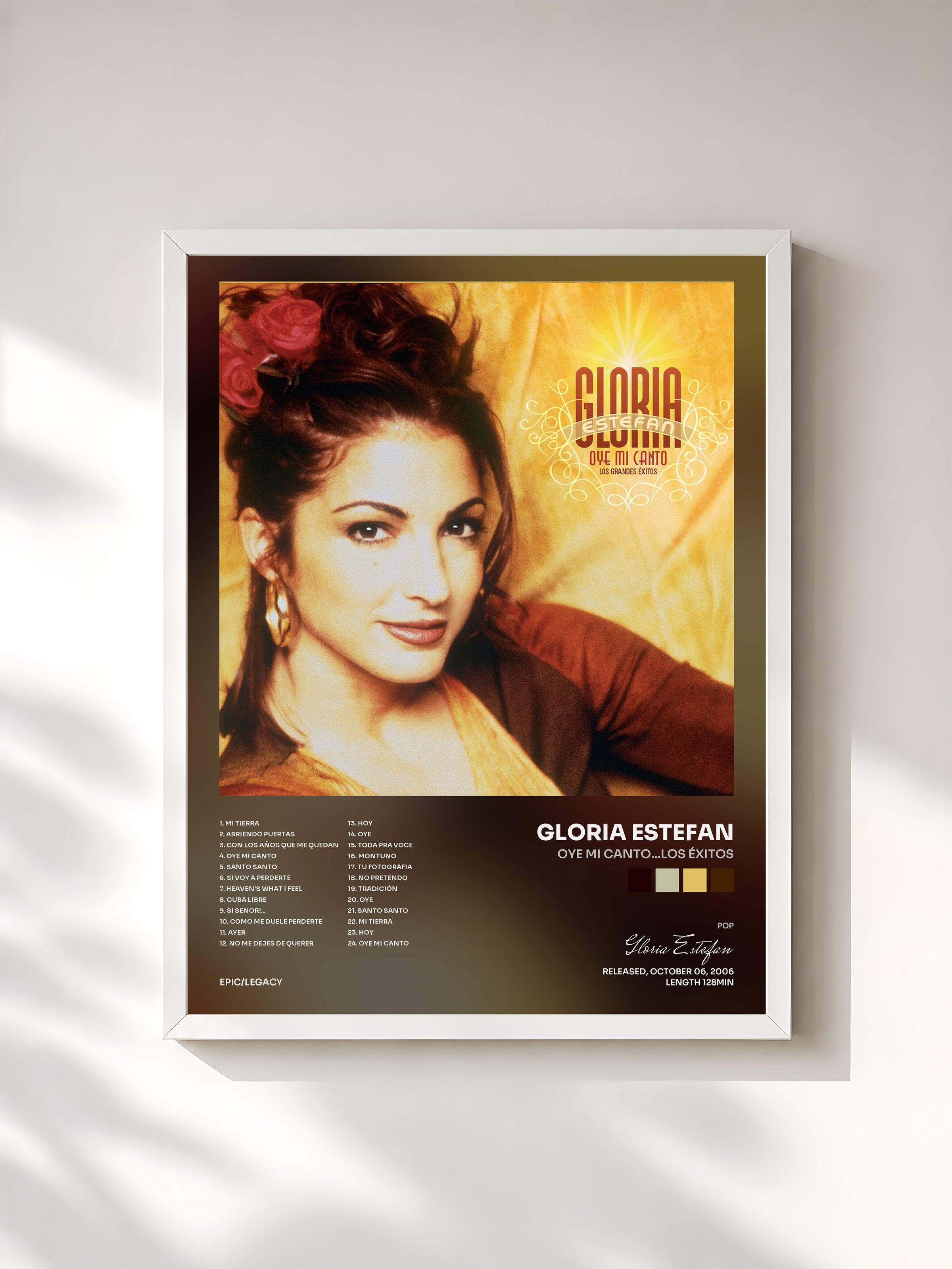 #blanc Tableau de l'album Oye Mi Canto...Los Éxitos de Gloria Estefan, cadre blanc, imprimé et encadré en France