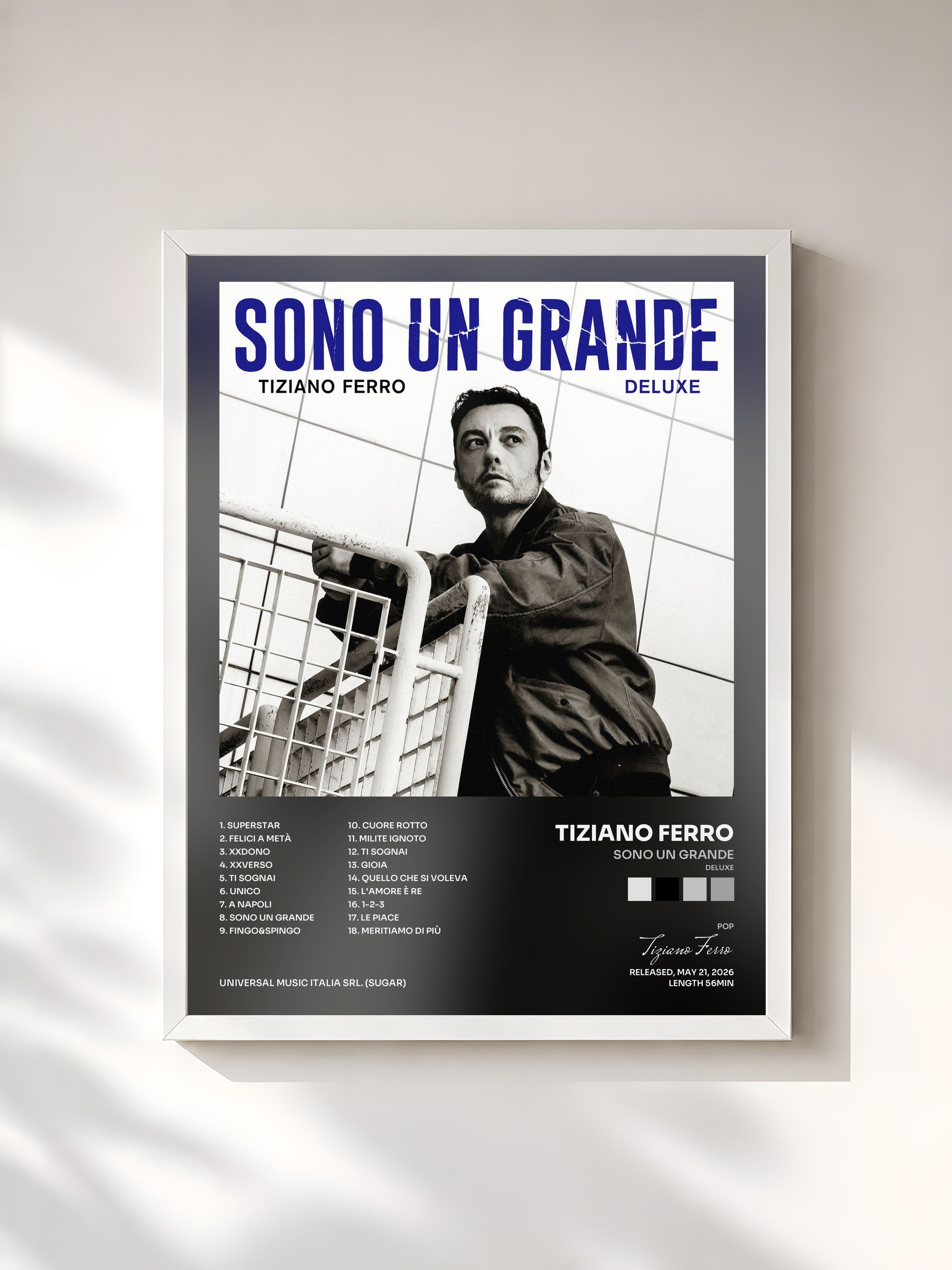 #blanc Tableau de l'album SONO UN GRANDE (DELUXE) de Tiziano Ferro, cadre blanc, imprimé et encadré en France