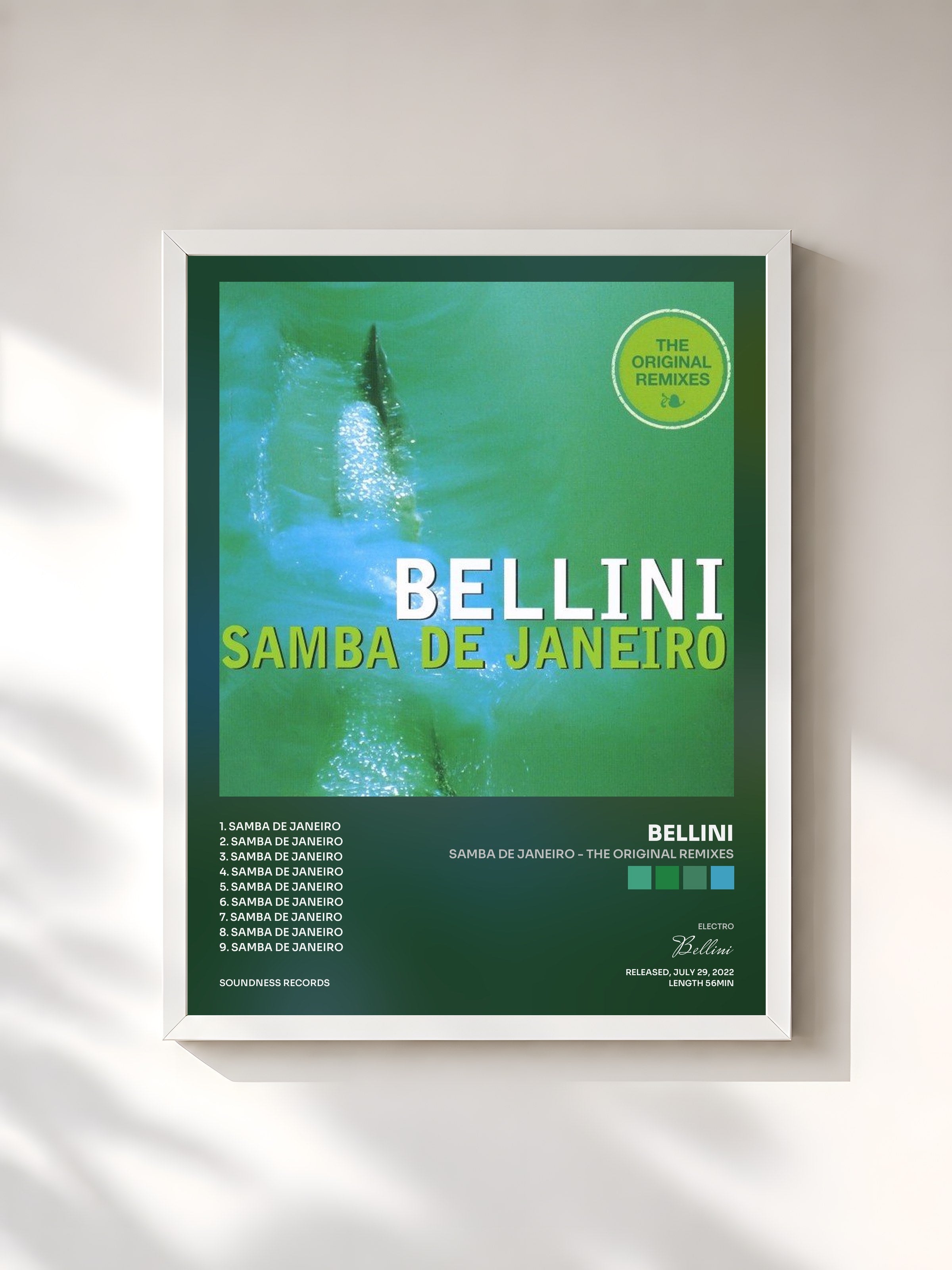 #blanc Tableau de l'album Samba de Janeiro - The Original Remixes de Bellini, cadre blanc, imprimé et encadré en France