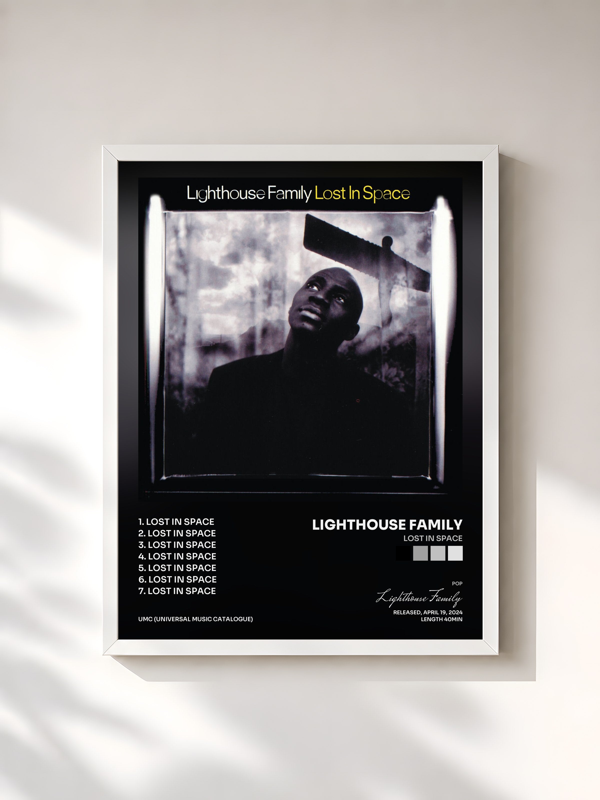 #blanc Tableau de l'album Lost In Space de Lighthouse Family, cadre blanc, imprimé et encadré en France