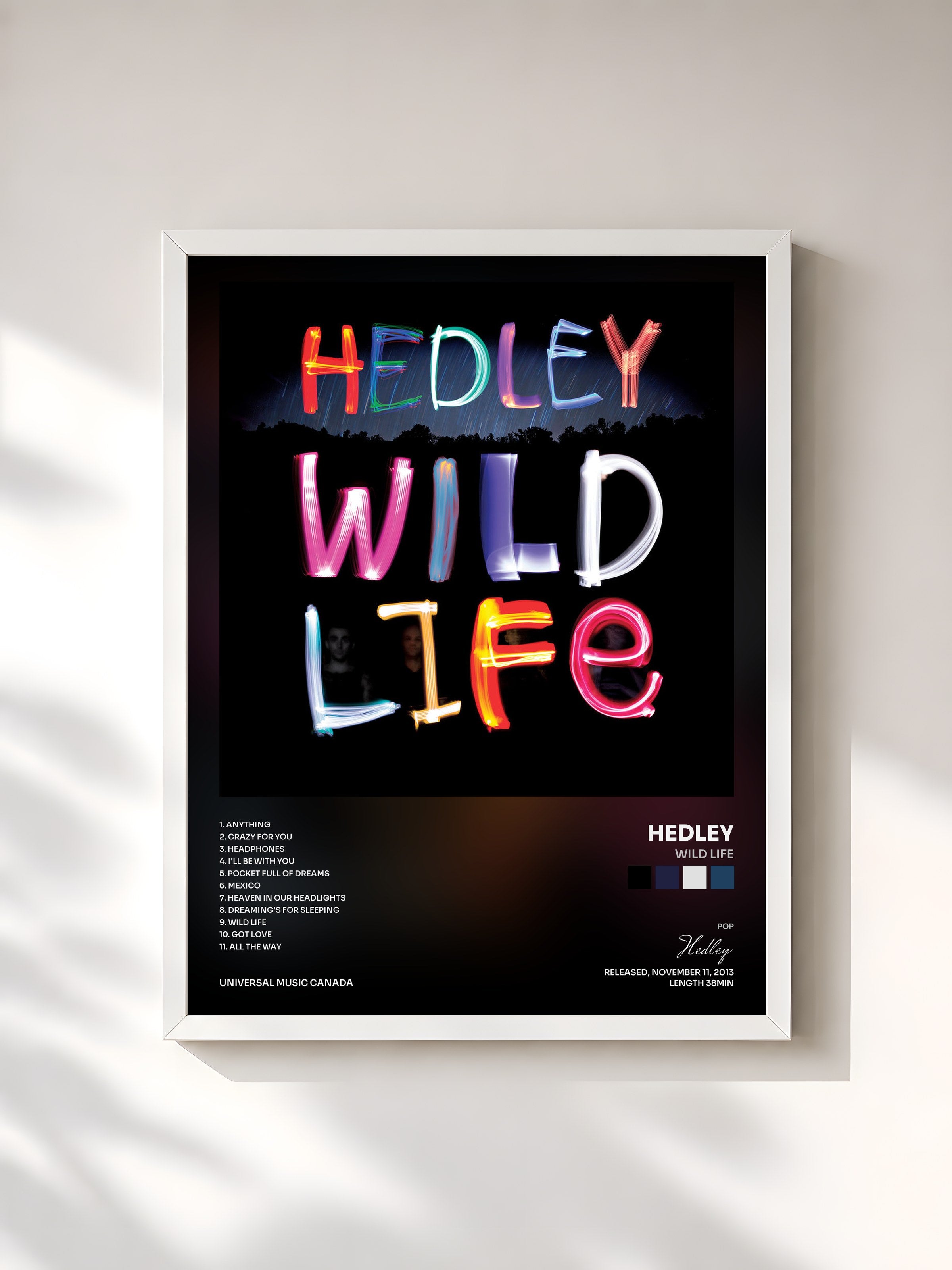 #blanc Tableau de l'album Wild Life de Hedley, cadre blanc, imprimé et encadré en France