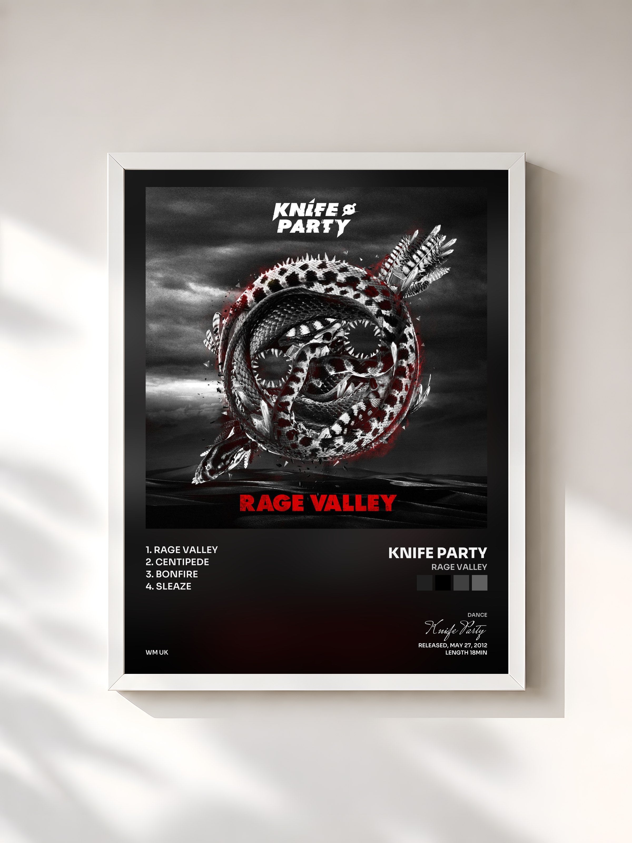 #blanc Tableau de l'album Rage Valley de Knife Party, cadre blanc, imprimé et encadré en France