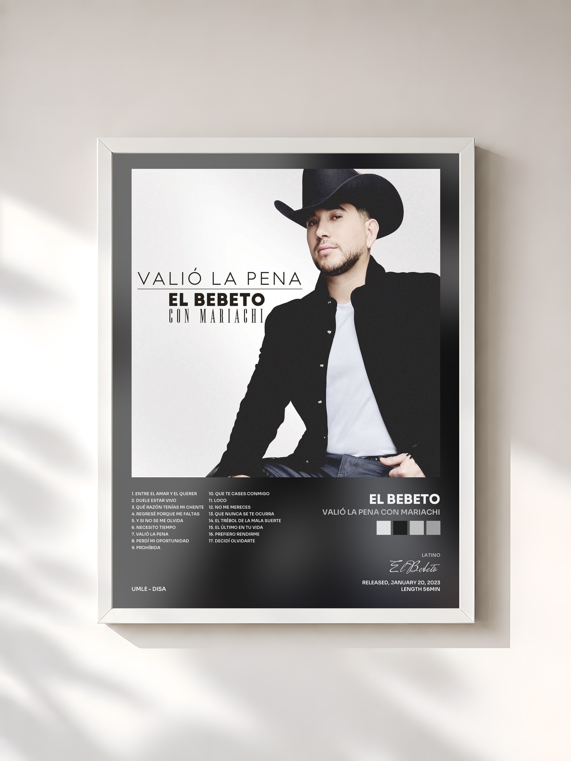 #blanc Tableau de l'album Valió La Pena Con Mariachi de El Bebeto, cadre blanc, imprimé et encadré en France