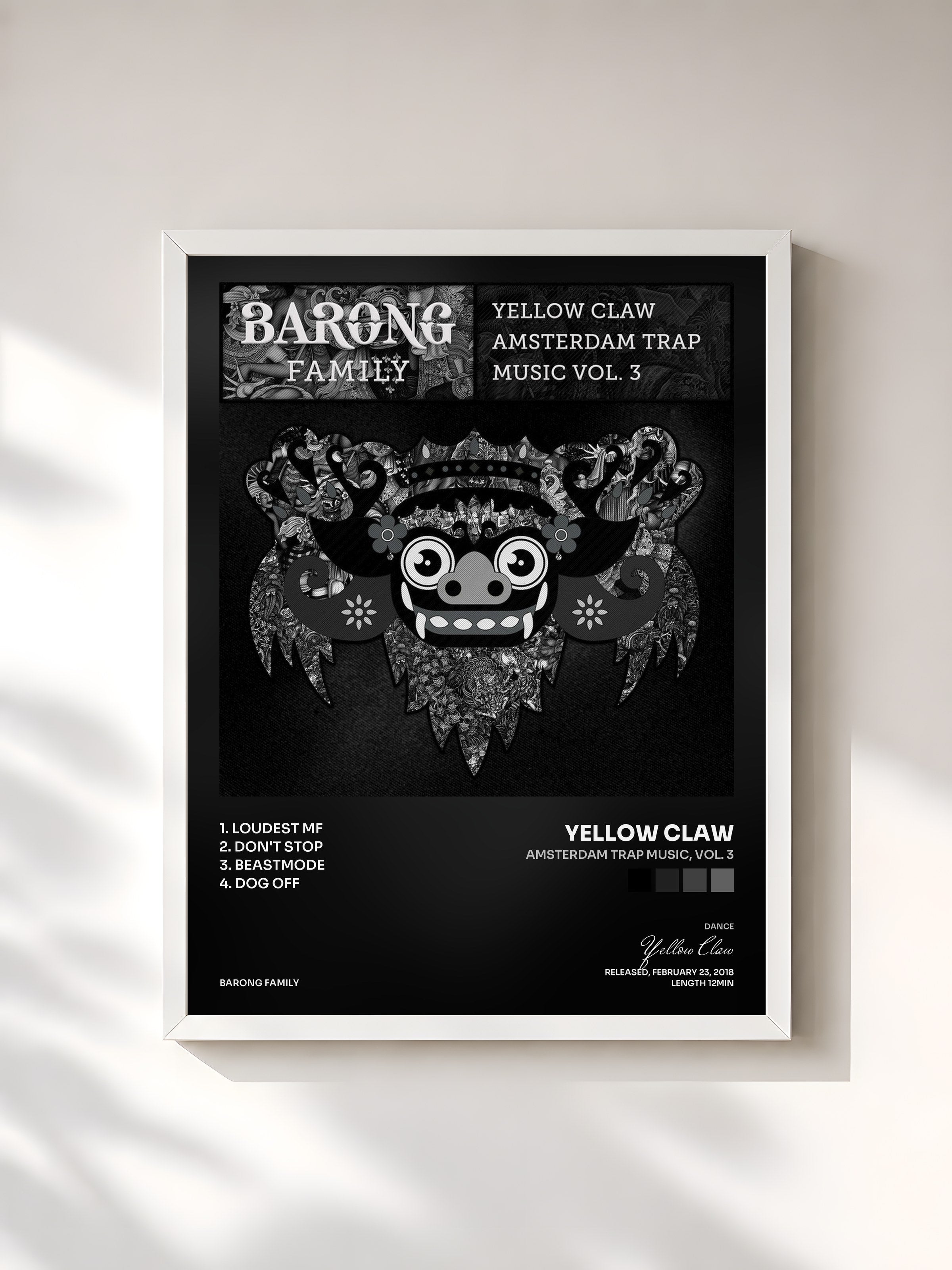 #blanc Tableau de l'album Amsterdam Trap Music, Vol. 3 de Yellow Claw, cadre blanc, imprimé et encadré en France