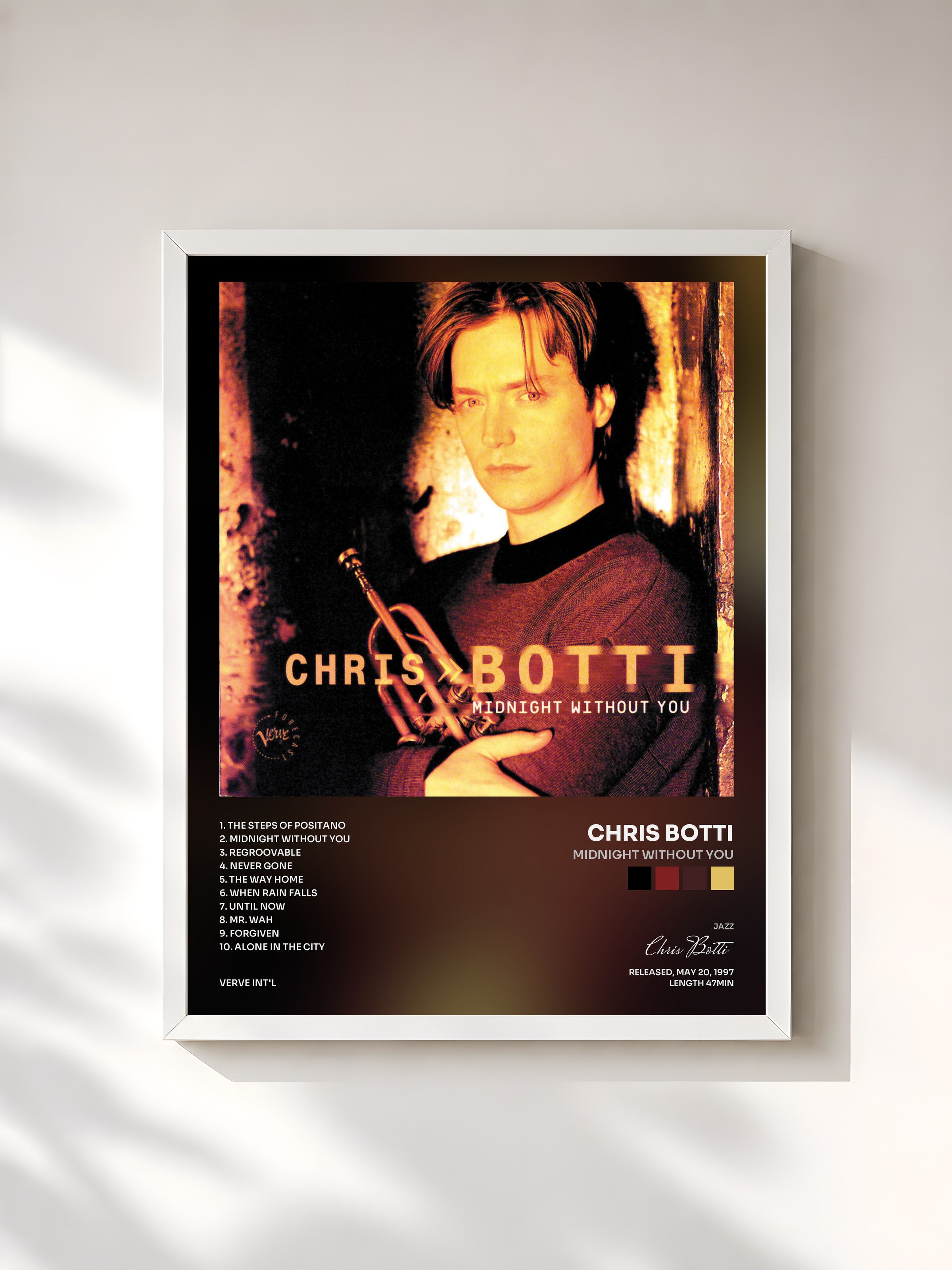 #blanc Tableau de l'album Midnight Without You de Chris Botti, cadre blanc, imprimé et encadré en France