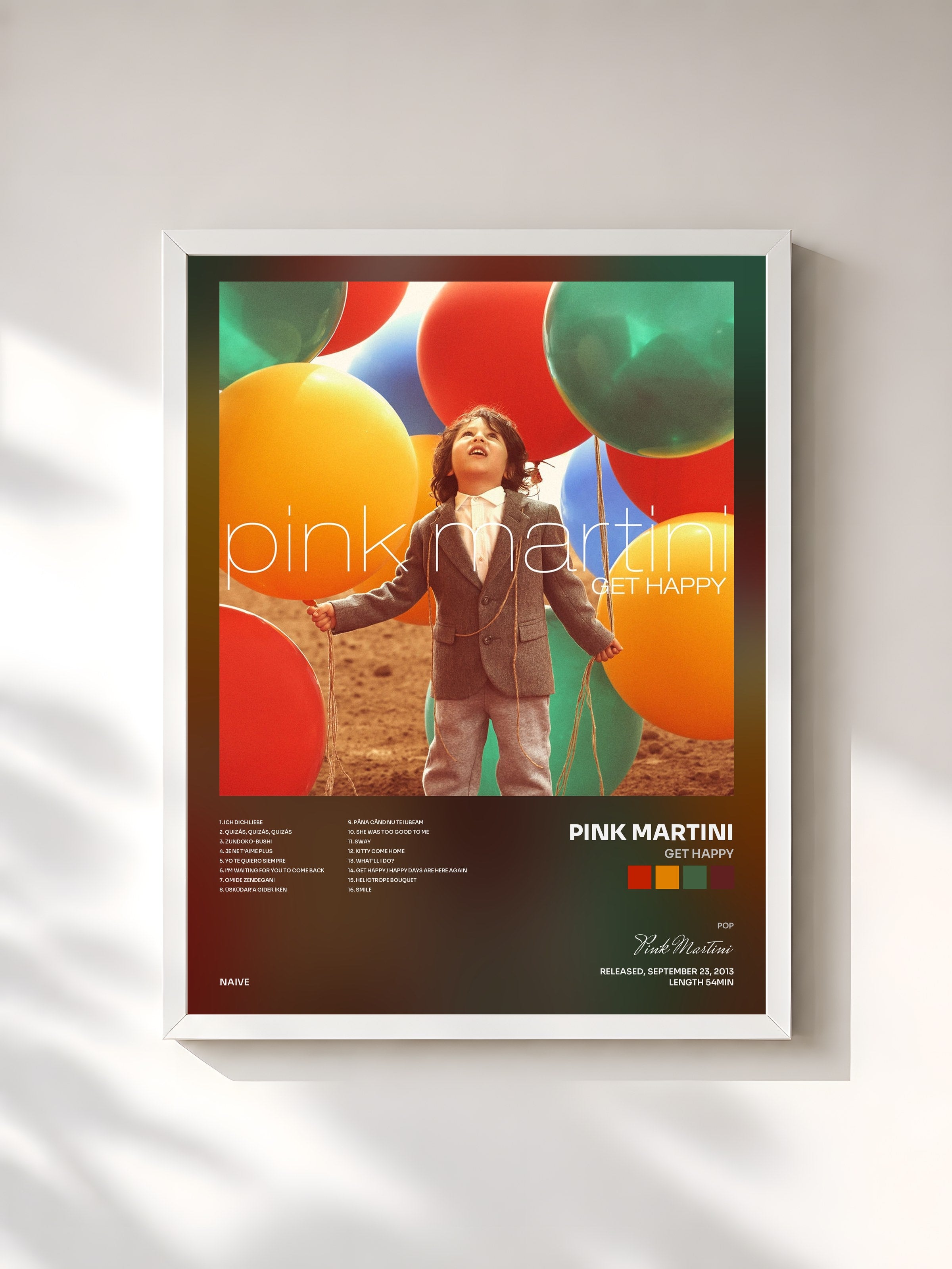 #blanc Tableau de l'album Get Happy de Pink Martini, cadre blanc, imprimé et encadré en France