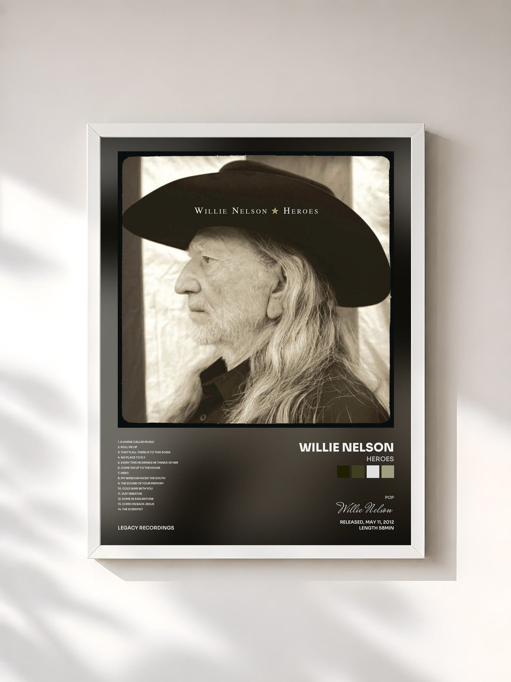 #blanc Heroes de Willie Nelson en lámina enmarcada, marco blanco, impresa y enmarcada en Francia