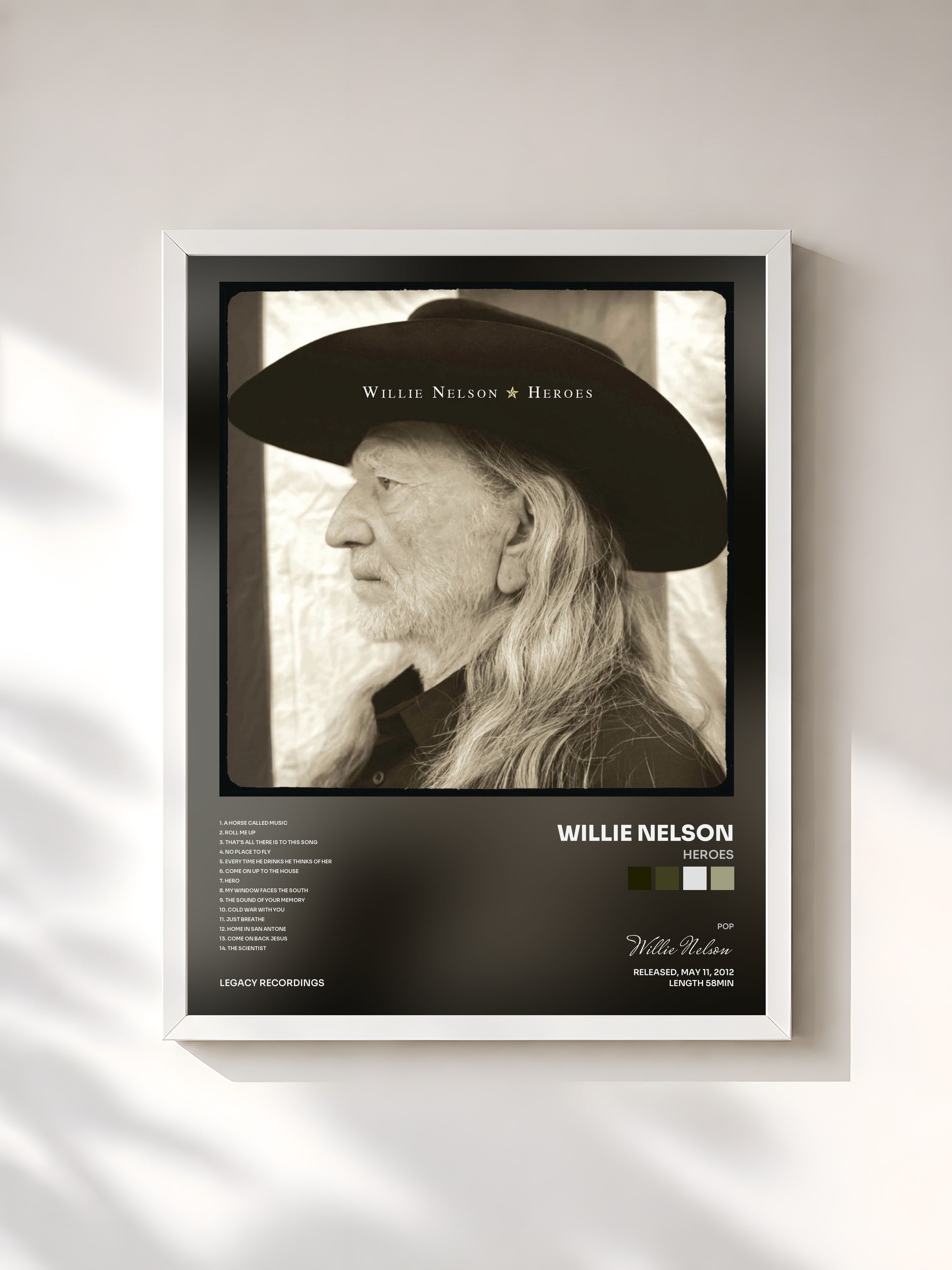 #blanc Tableau de l'album Heroes de Willie Nelson, cadre blanc, imprimé et encadré en France