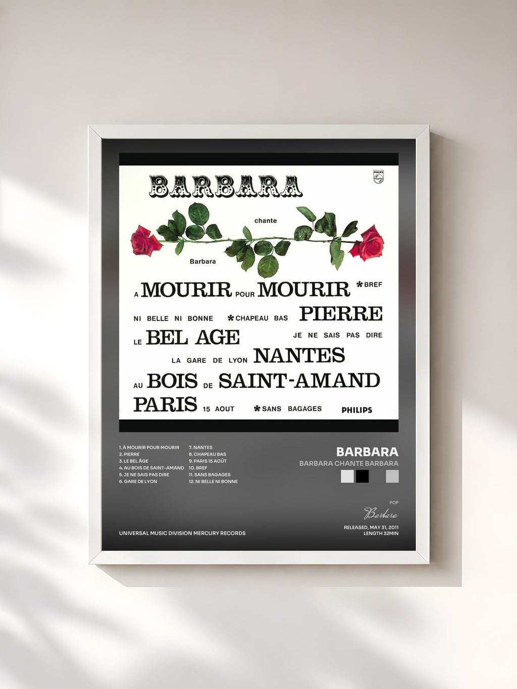 #blanc Tableau de l'album Barbara Chante Barbara de Barbara, cadre blanc, imprimé et encadré en France