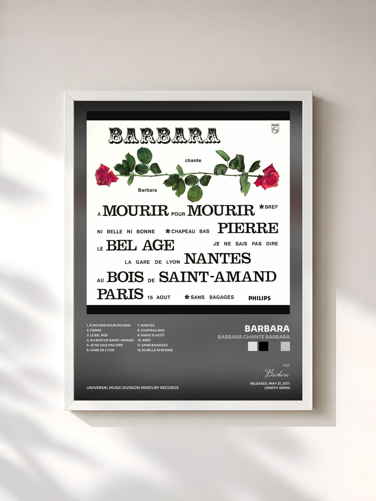 #blanc Tableau de l'album Barbara Chante Barbara de Barbara, cadre blanc, imprimé et encadré en France