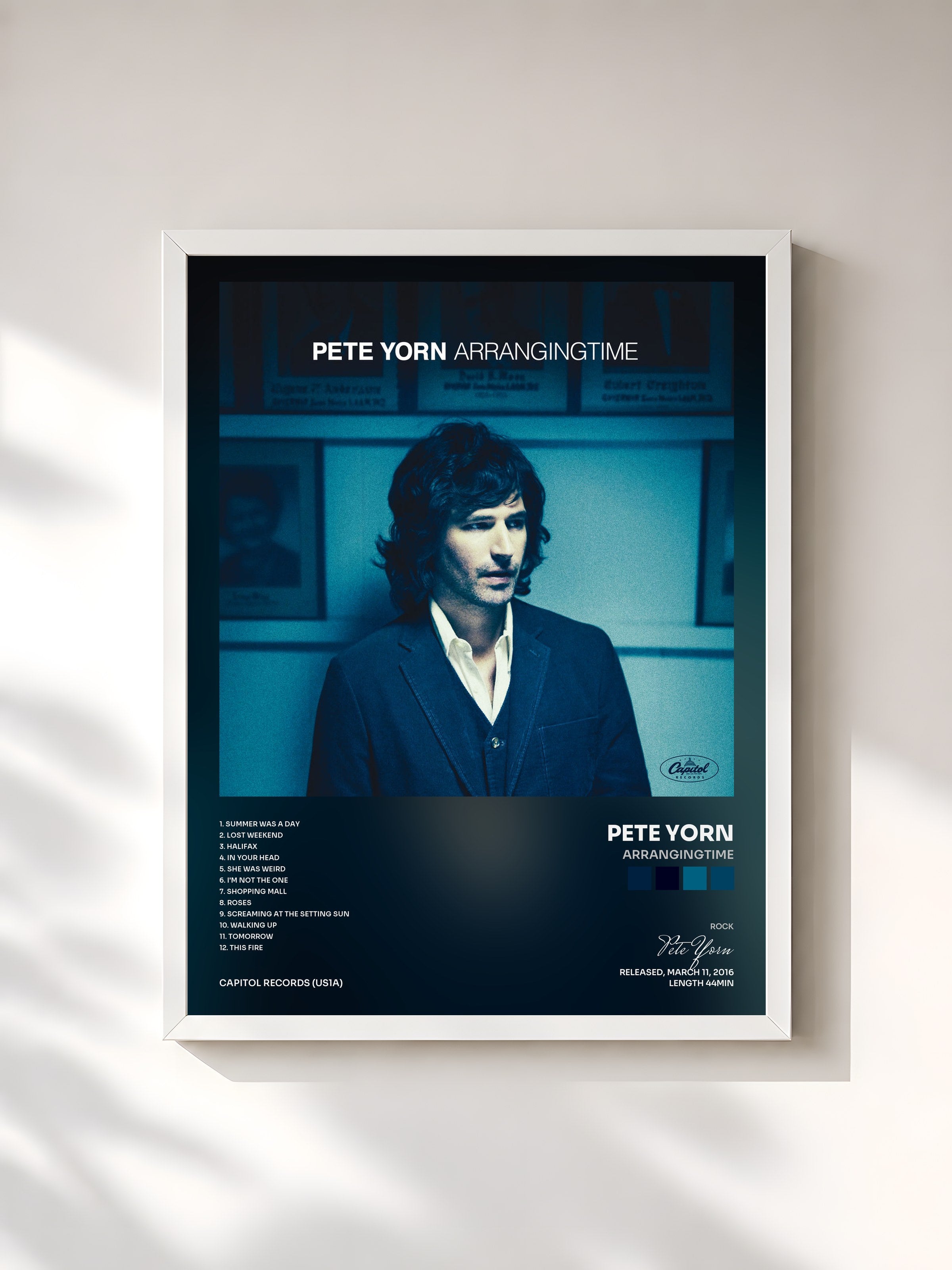#blanc Tableau de l'album ArrangingTime de Pete Yorn, cadre blanc, imprimé et encadré en France