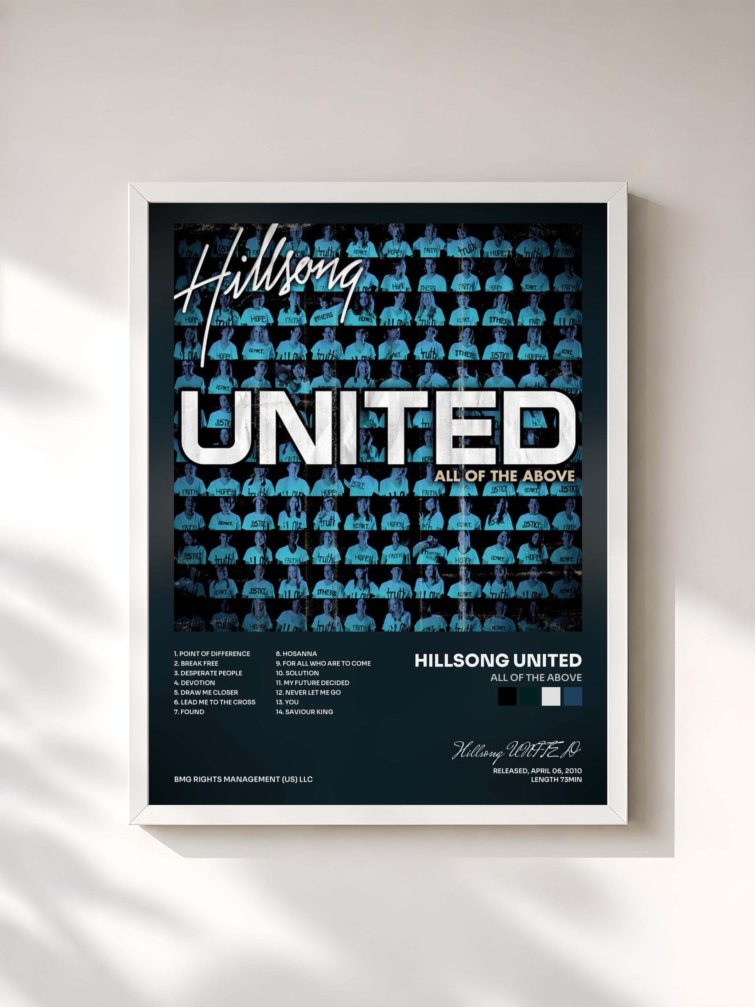 #blanc Tableau de l'album All of the Above de Hillsong UNITED, cadre blanc, imprimé et encadré en France
