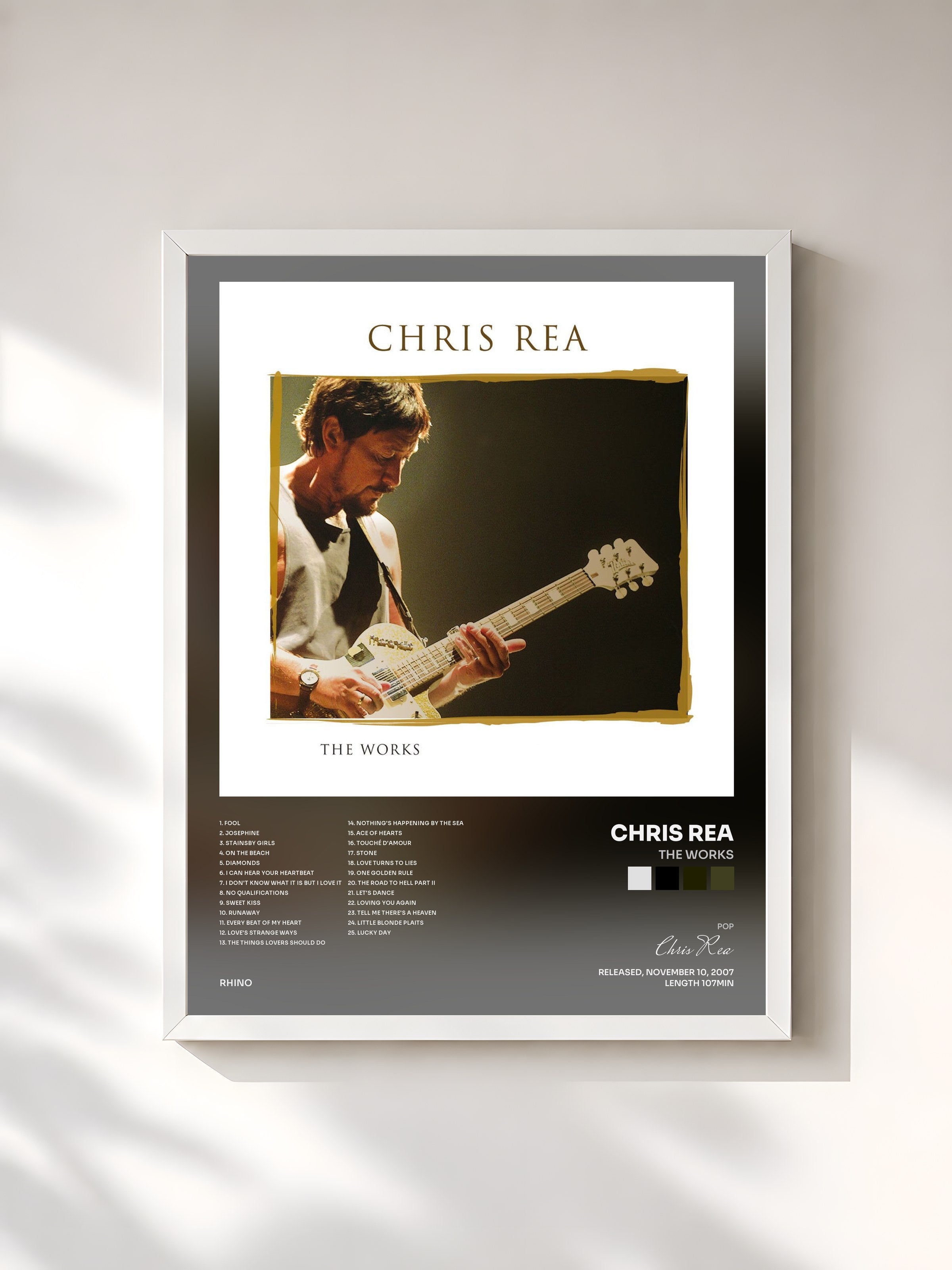 #blanc Tableau de l'album The Works de Chris Rea, cadre blanc, imprimé et encadré en France