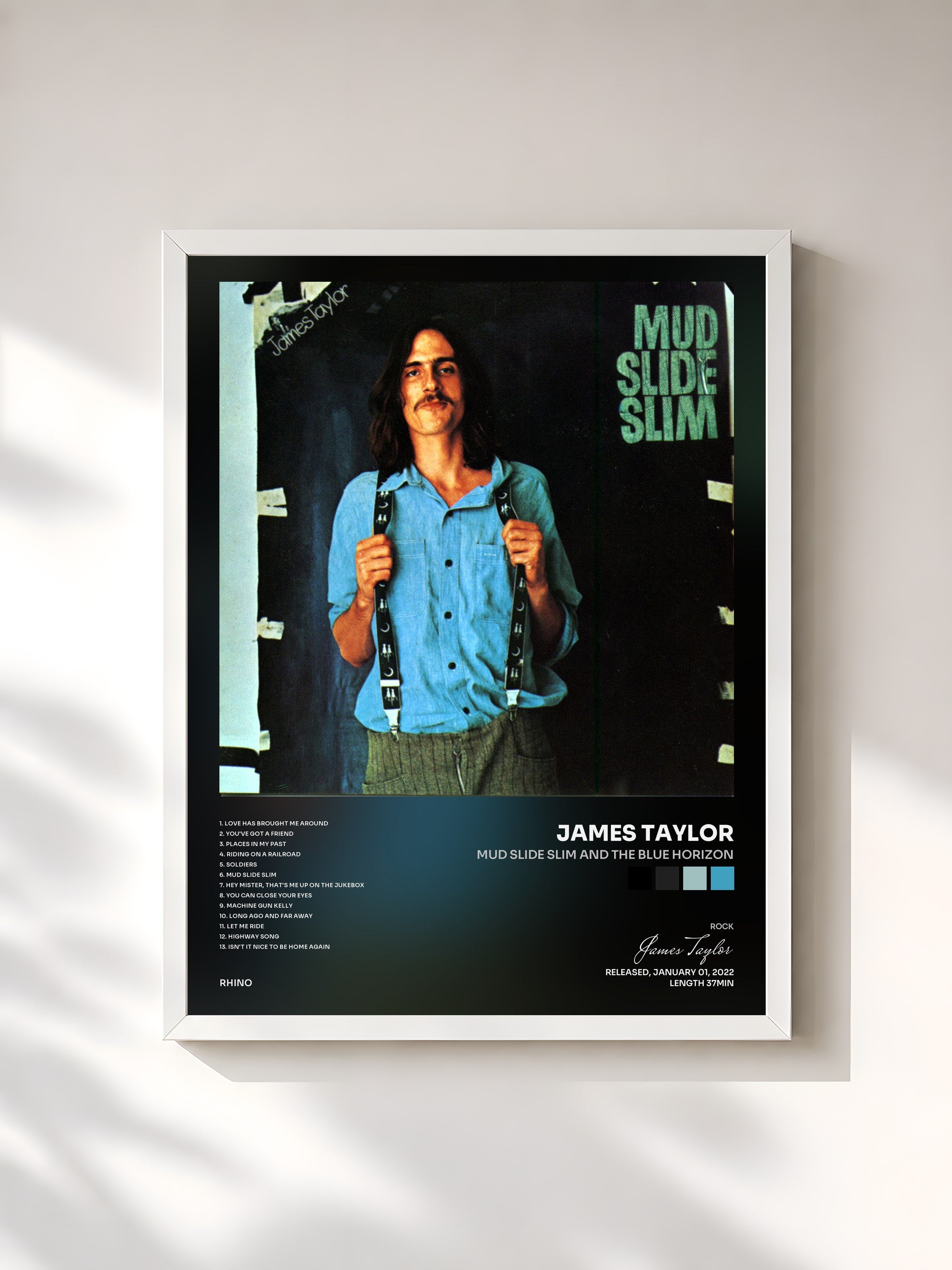 #blanc Tableau de l'album Mud Slide Slim and the Blue Horizon de James Taylor, cadre blanc, imprimé et encadré en France