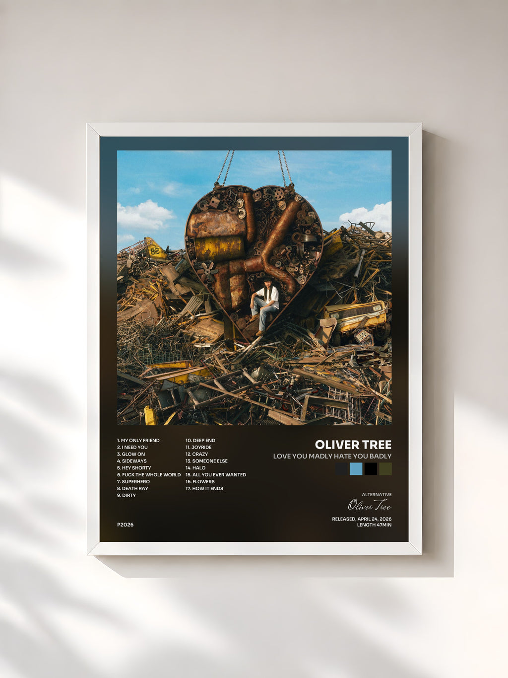 #blanc Tableau de l'album Love You Madly Hate You Badly de Oliver Tree, cadre blanc, imprimé et encadré en France